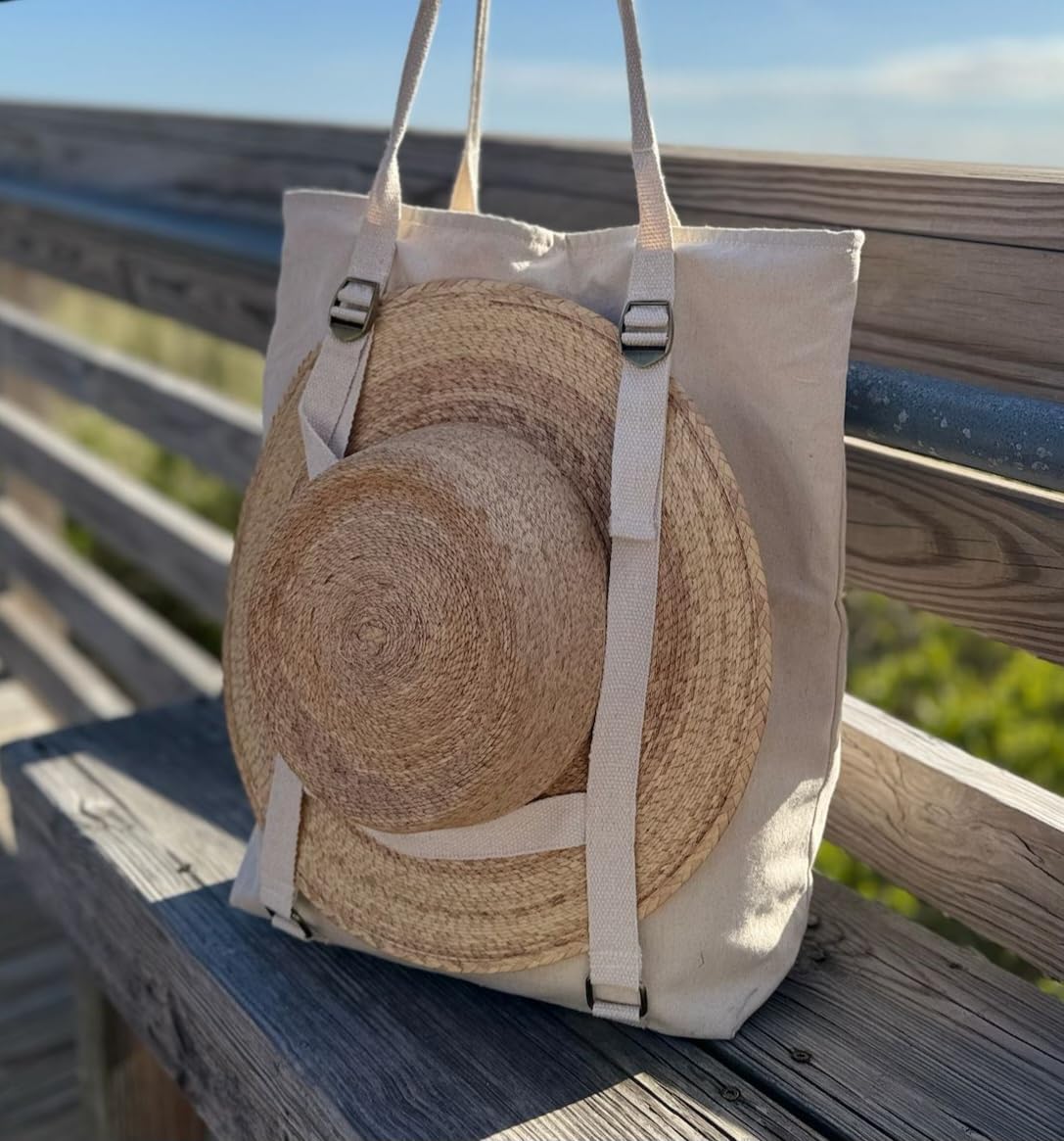 Large Beach Tote Bag with Hat Holder Straps, Womens large beach bag- Vation beach Tote