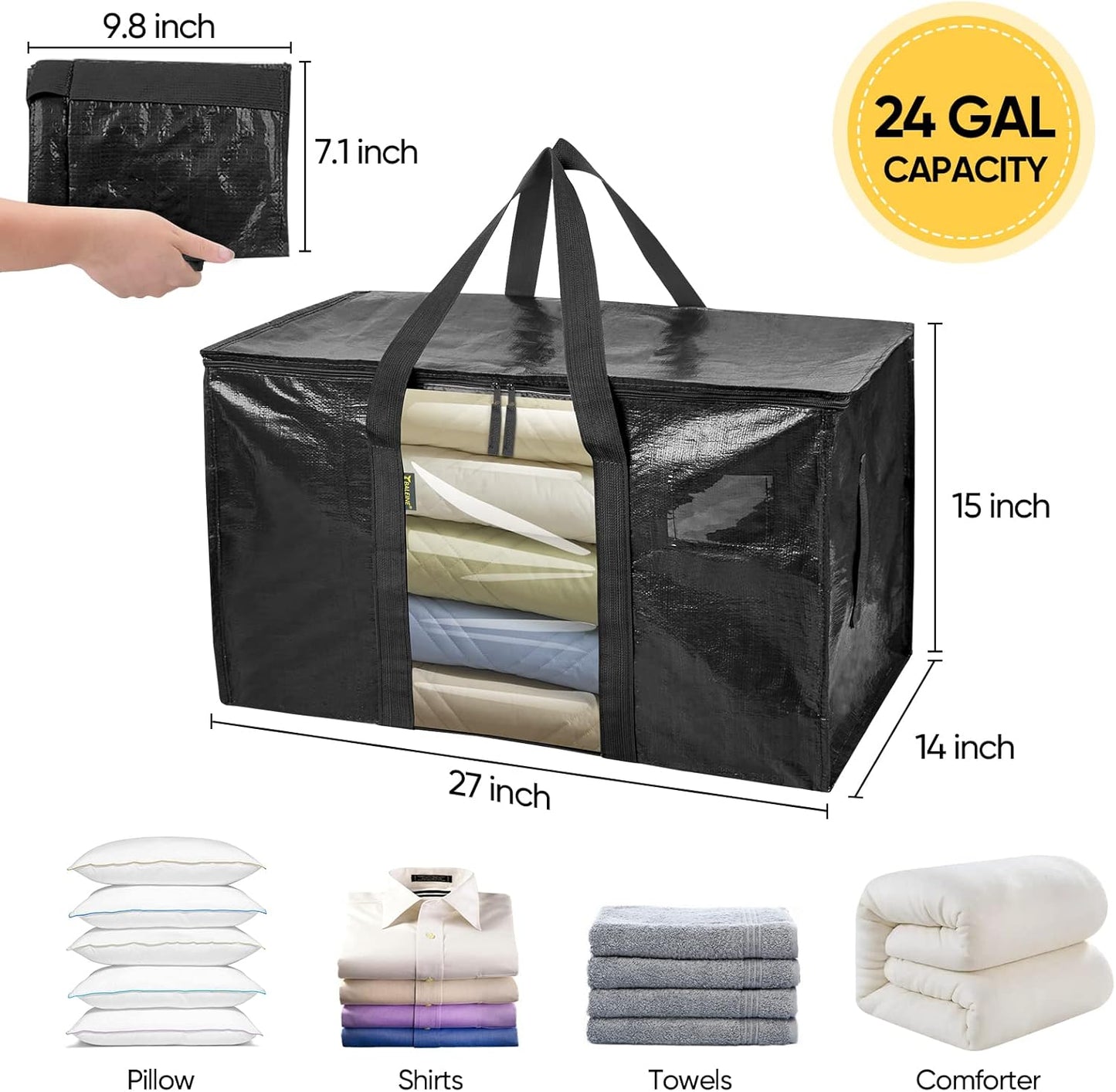 BALEINE 4-Pack Oversized Moving Bags with Reinforced Handles, Heavy-Duty Storage Tote Moving Supplies for Packaging, Camping (Black w/Window, 4-Pack)