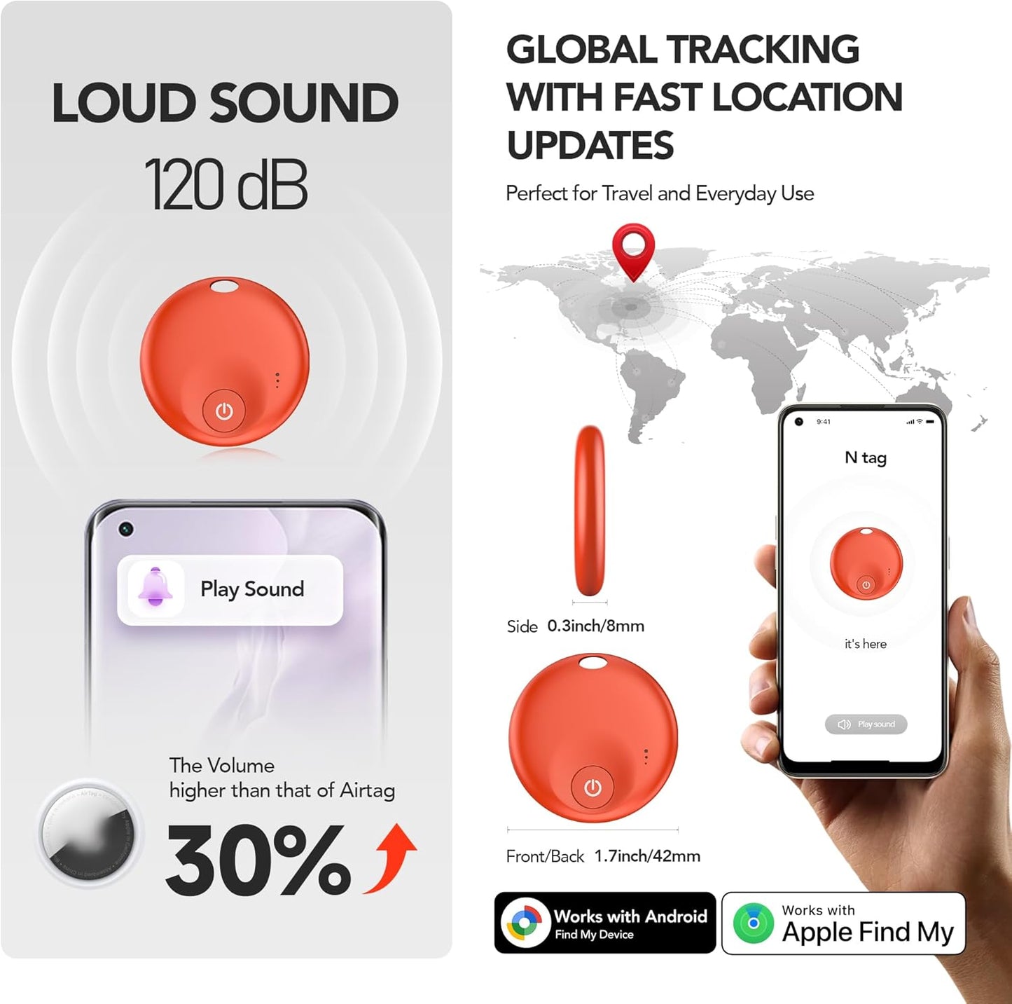 FindTag Duo - Dual System Tracker for iOS or Android, Bluetooth Tracking Tag/Key Finder/Luggage Tracker/Item Locator, Compatible with iOS Find My or Google Find Hub App (Red)