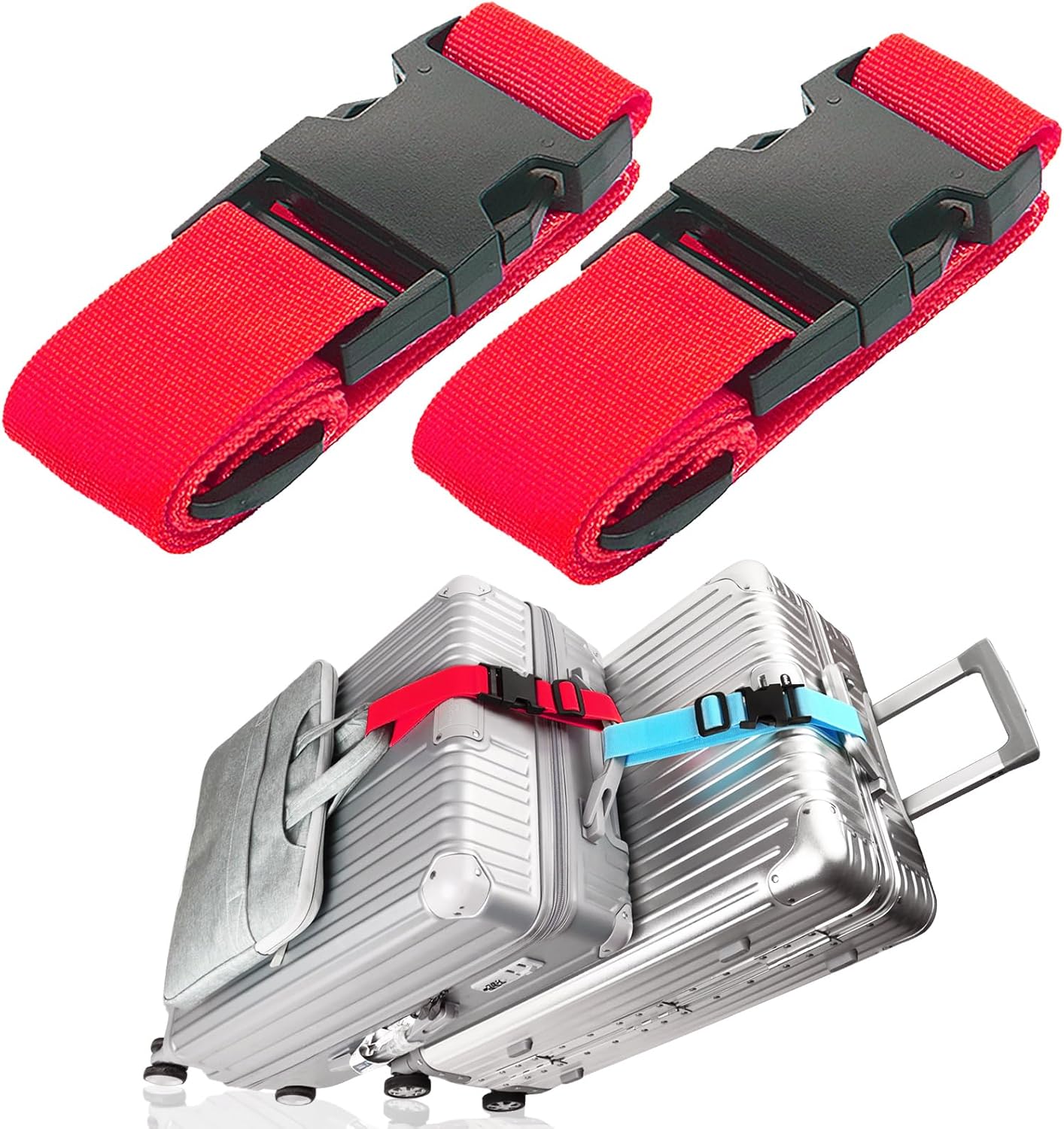 2Pack Luggage Straps for Suitcases, Travel Connector for Carry On Bag, Add Bag to Connect Two Suitcases, Adjustable Belt Attachment Accessories for Connect Your 3 Luggages, Red