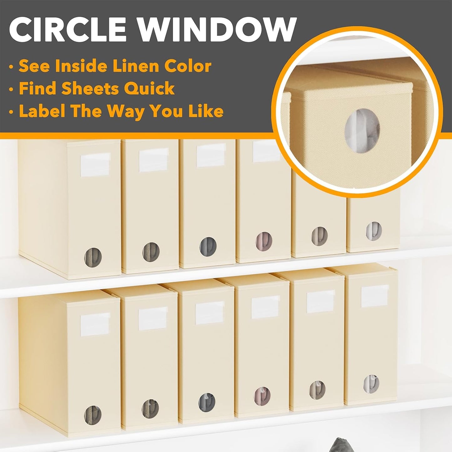 SpaceAid 12 Pack Bed Sheet Organizers and Storage, Foldable Organizer for Linen Closet, Set Folder Keeper With Window XL (Queen & King Size) Bedding Container (Beige)