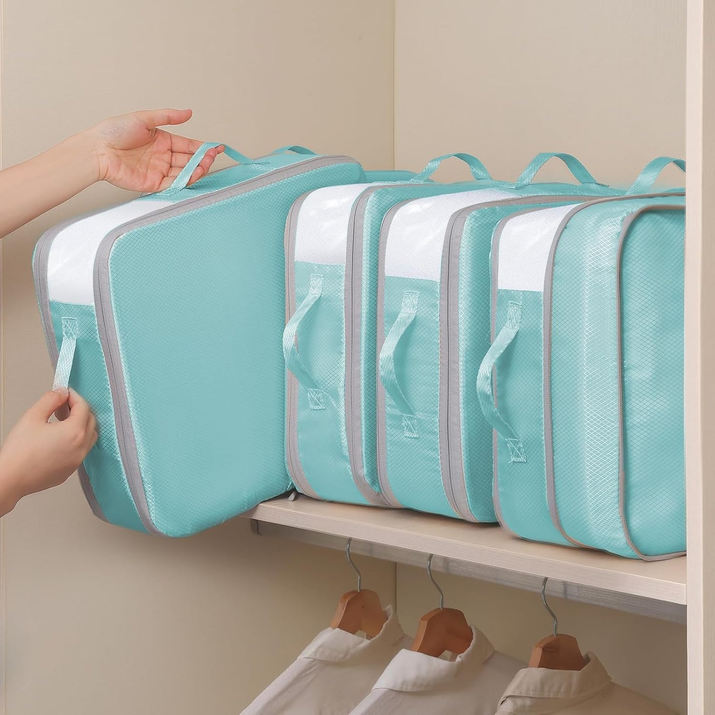 DIMJ Clothes Storage Bag 8 Pack, 19L Compression Storage Bags for Blanket, Sweater, Jacket, Closet, Sheet Storage Organizer with Window Handle, Space Saver Storage Bags with Zipper, Blue