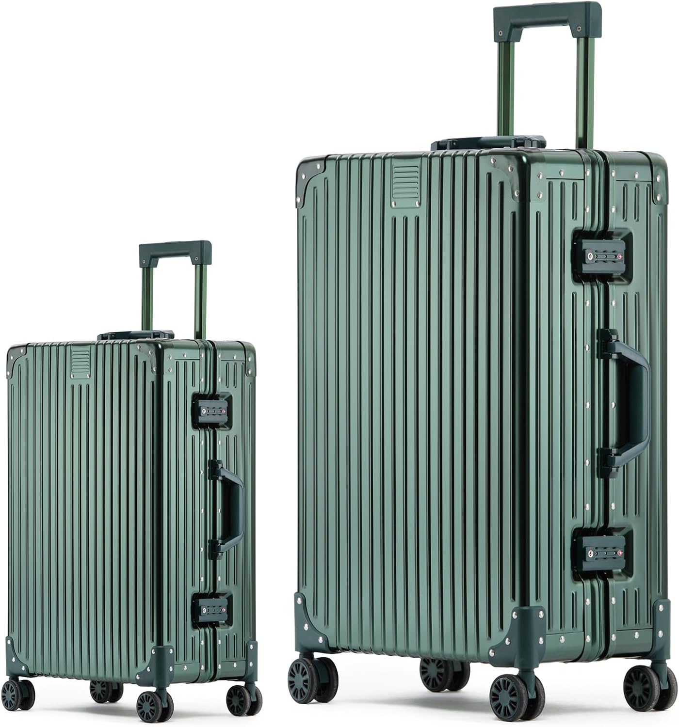 Metal All Aluminum Carry-on Luggage TSA Customs Lock Zipperless Silent Rotary Wheel Business Suitcase Aluminum Frame Set (dark green, 2Piece(20/28))