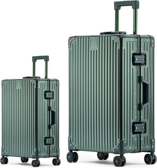 Metal All Aluminum Carry-on Luggage TSA Customs Lock Zipperless Silent Rotary Wheel Business Suitcase Aluminum Frame Set (dark green, 2Piece(20/28))