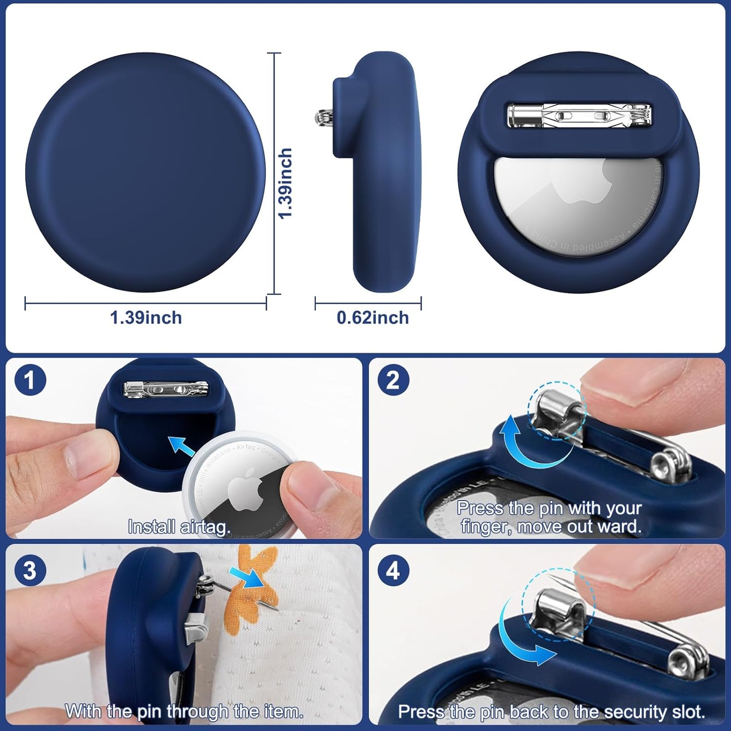 Compatible for Air Tags-4 Pack Apple Kids Hidden, for Airtag Holder for Kid, for AirTag Hidden Kids Holder with Invisible Pin, for Children, Elderly, Luggage, Clothing (Black Gray Navyblue Sky Blue)