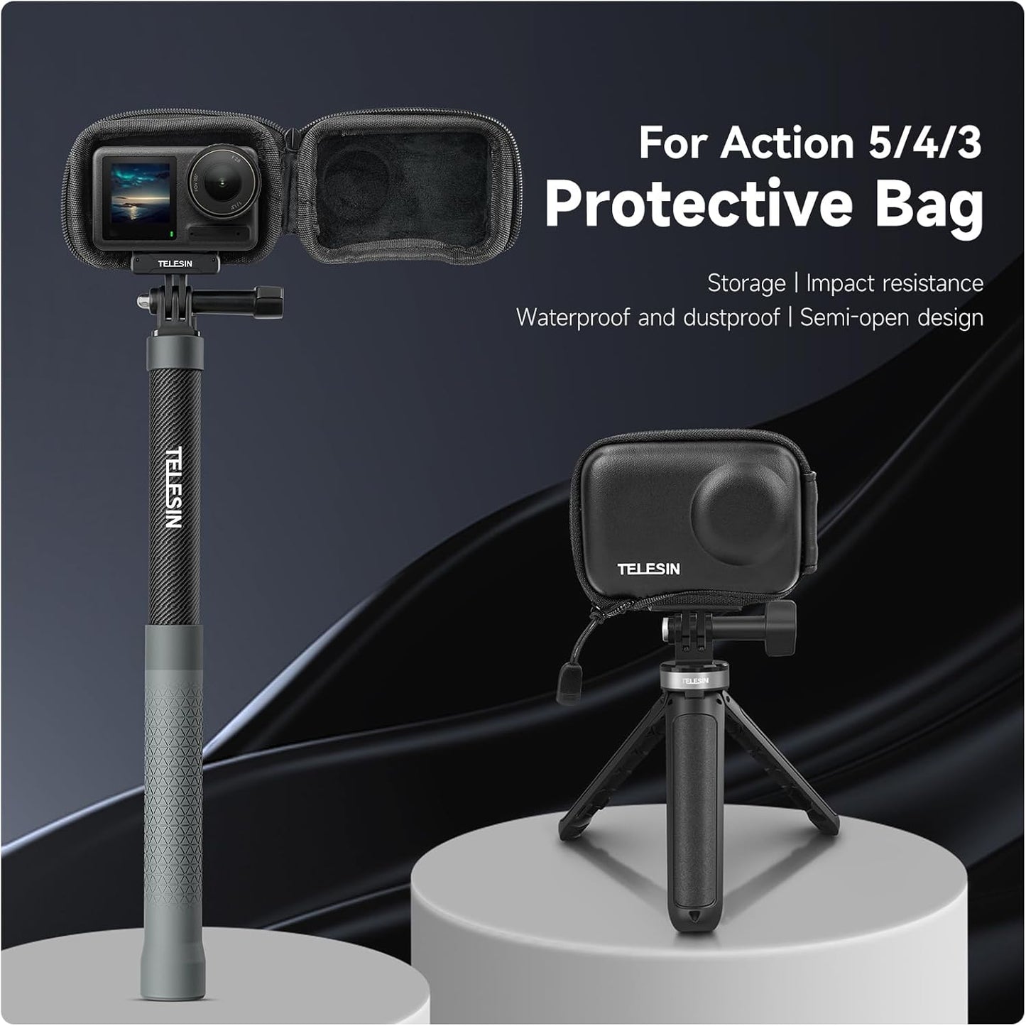 TELESIN Mini Carry Case Lens Protector for DJI Action 5 Pro Action 4 Action 3 Insta 360 Ace Insta360 Ace Pro Accessories, Mini Protective Carrying Bag Half Zipper for Selfie Stick Tripod Accessory