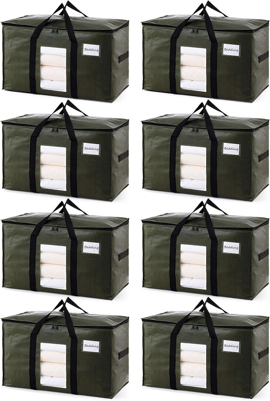 TAILI 8 Pack Green Extra Large Storage Bags, Heavy Duty Totes with Visible Window, Wrap Around Handles, Perfect for Moving