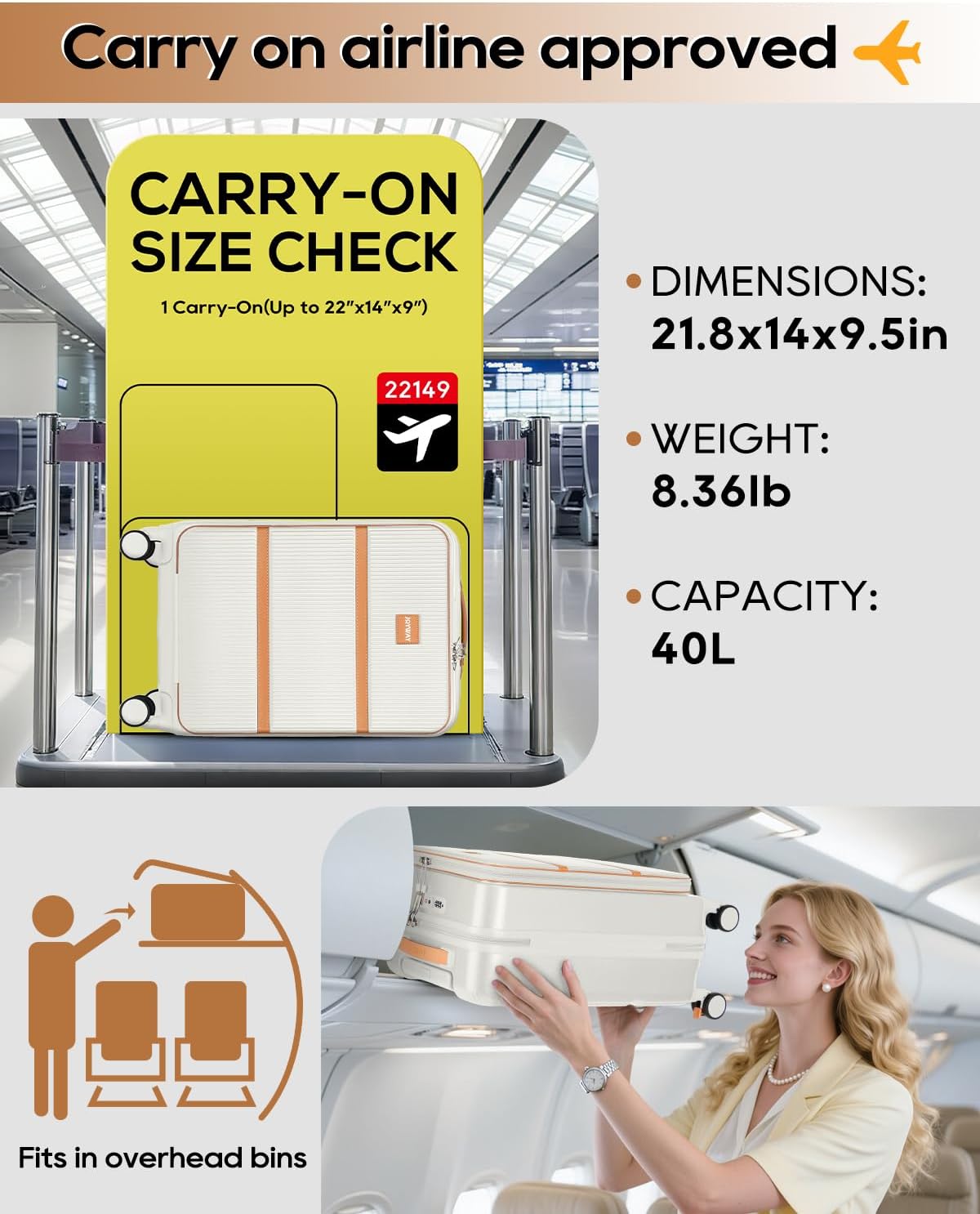 Joyway Carry on Luggage Airline Approved with Front Pocket, Hardside 20 Inch Travel Luggages with Cup Holder, Carry-on Suitcase with Spinner Wheels for Men and Women (White, 20 Inch)