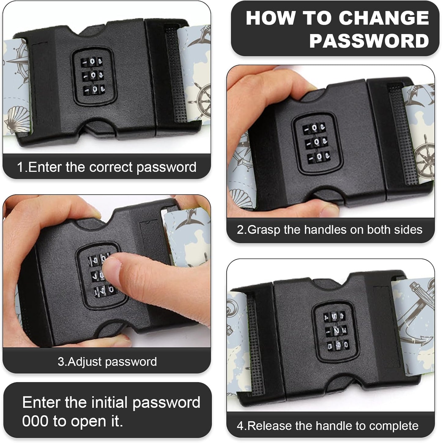 2 Pack Luggage Straps, Adjustable Cute Printing with Combination Lock Luggage Straps for Women Men Travel School Business Trips-Sailing