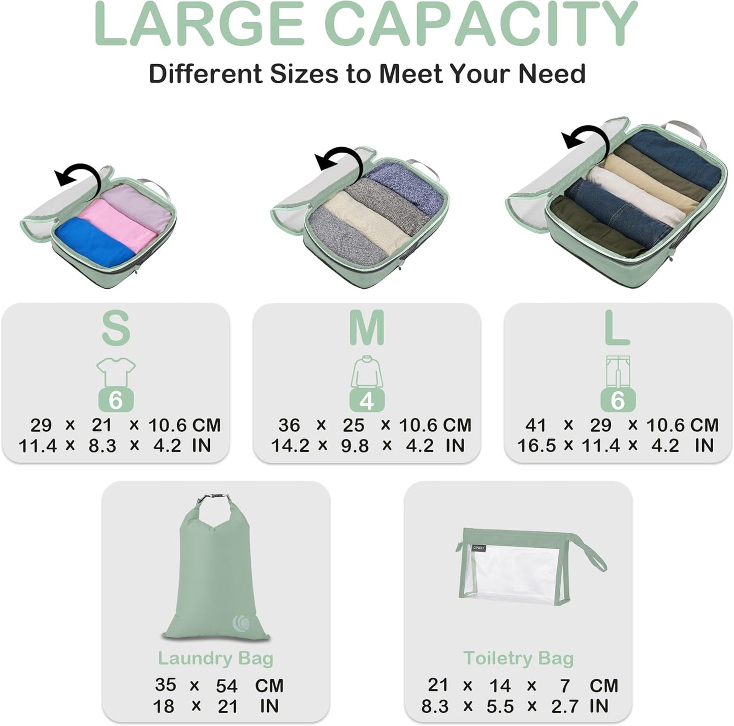 Cipway Compression Packing Cubes, See Through Mesh Luggage Organizer Bags, Travel Essentials for Carry on Suitcase with Laundry Bag and Clear Toiletries Bag（6 Pcs,Sage Green）