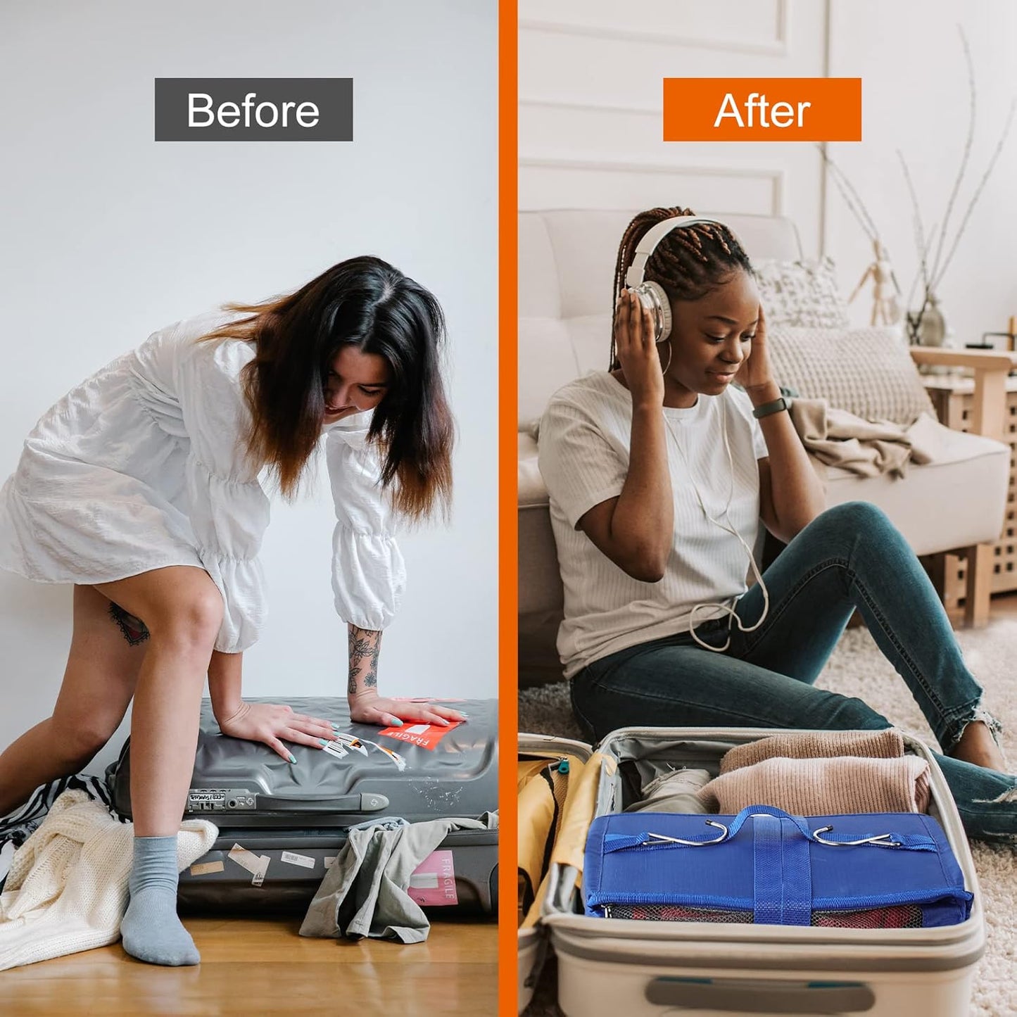 TABITORA Travel Portable Hanging Shelves Closet Organizer Packing Luggage Storage with Multifunctional and Foldable Invisible Compartment,Lightweight, for Suitcase, RV,Closet…Blue,XXL