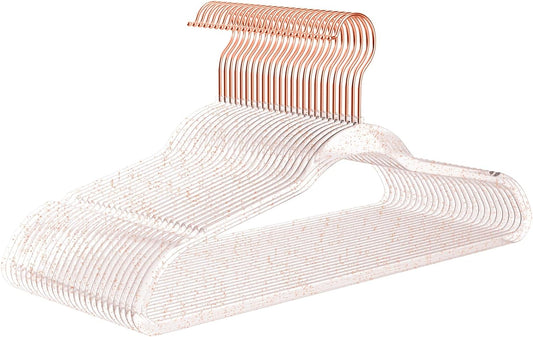 MIZGI Premium Clear Invisible Acrylic Hangers,Crystal Plastic Hangers with Bling Rose Gold Glitter 50 Pack Ultra Slim & Space Saving Suit Hangers for Coats, Pants & Dress Clothes