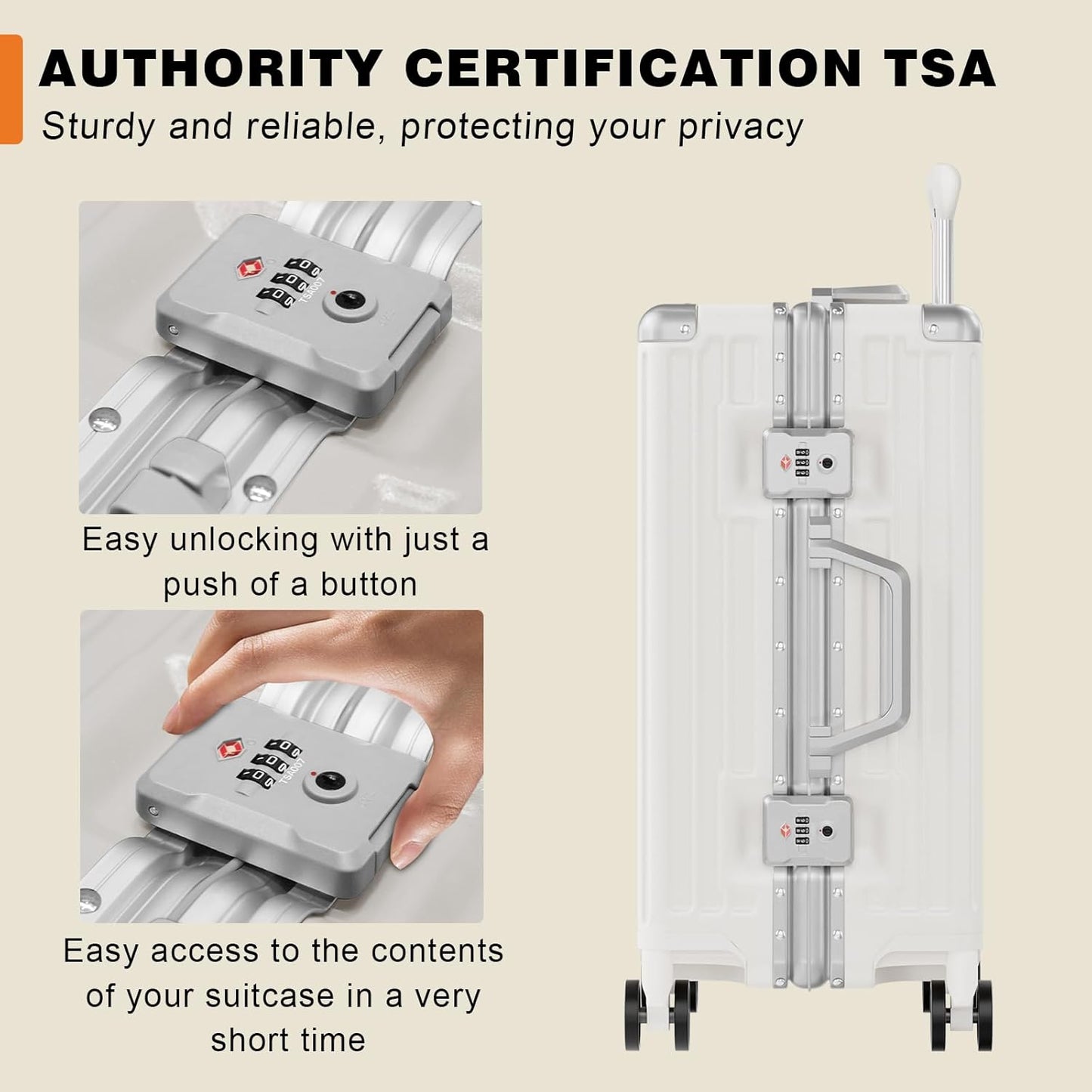AnyZip Carry On Luggage PC+ABS Aluminum Frame Zipperless Luggage Hard Shell Suitcase with TSA Lock Double Spinner Wheels 20 Inch White