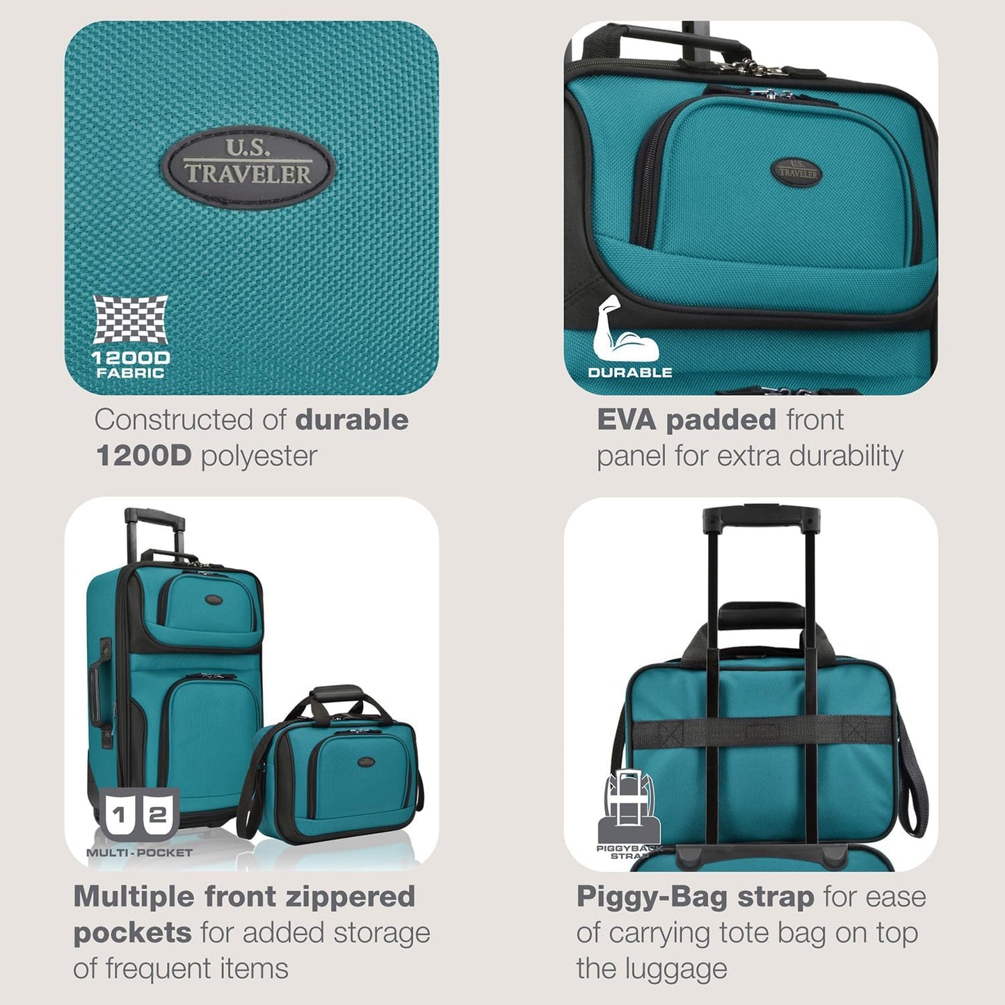 U.S. Traveler Rio Fabric Expandable Carry-on Luggage, Rolling Suitcase, Teal, 2 Wheel Set