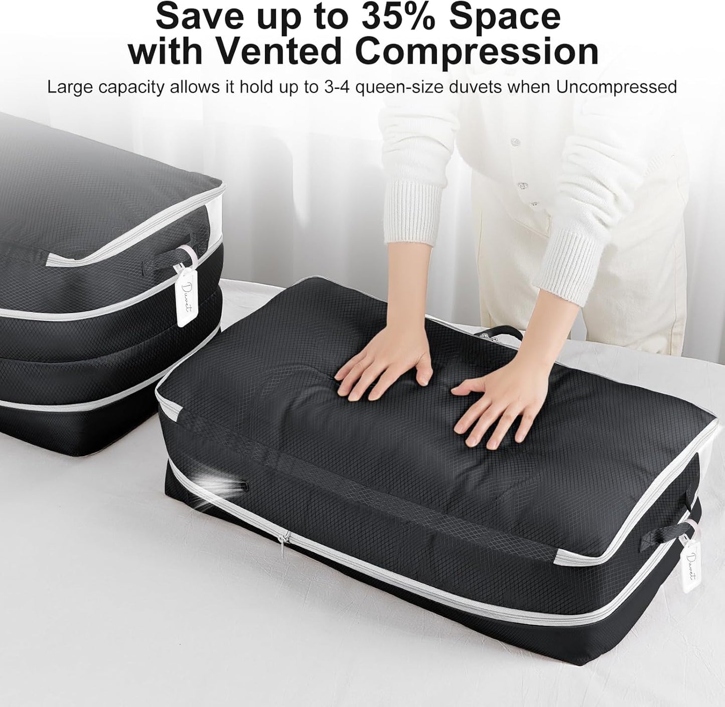 Comforter Storage Bag - Large Capacity Bedding Storage Bags Ultra Space Saving Self Compression Organizer, Washable Compression Bags for Storage Comforter Blanket Duvet Pillow, 2-Pack, Black