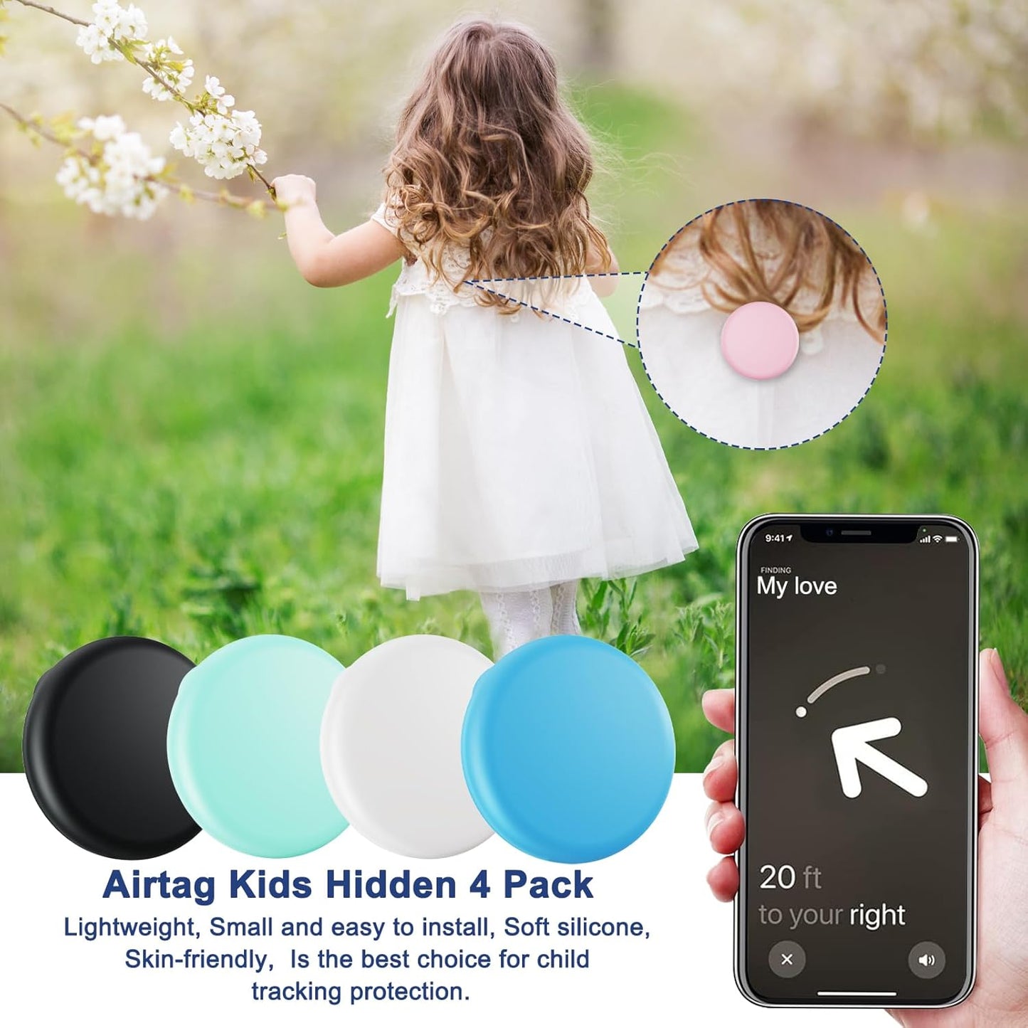 Compatible for Air Tags-4 Pack Apple Kids Hidden,for Kid, Elderly, Luggage, Clothing (Black Sky Blue White Mint Green)