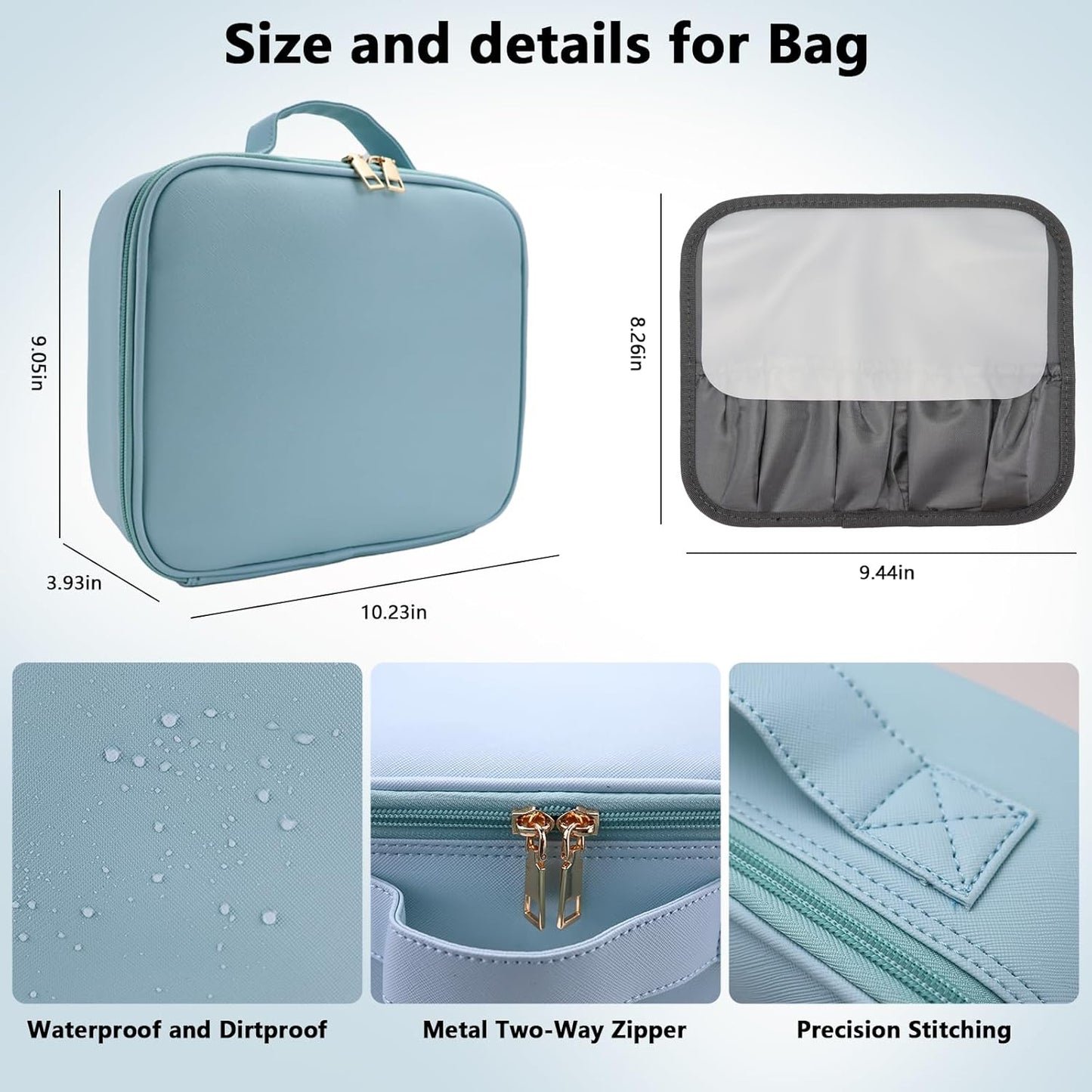 Travel Makeup Bag with LED Mirror Travel Makeup Organizer with 3 Lighted Settings, Adjustable Dividers and Makeup Brush Storage Bag Light Blue