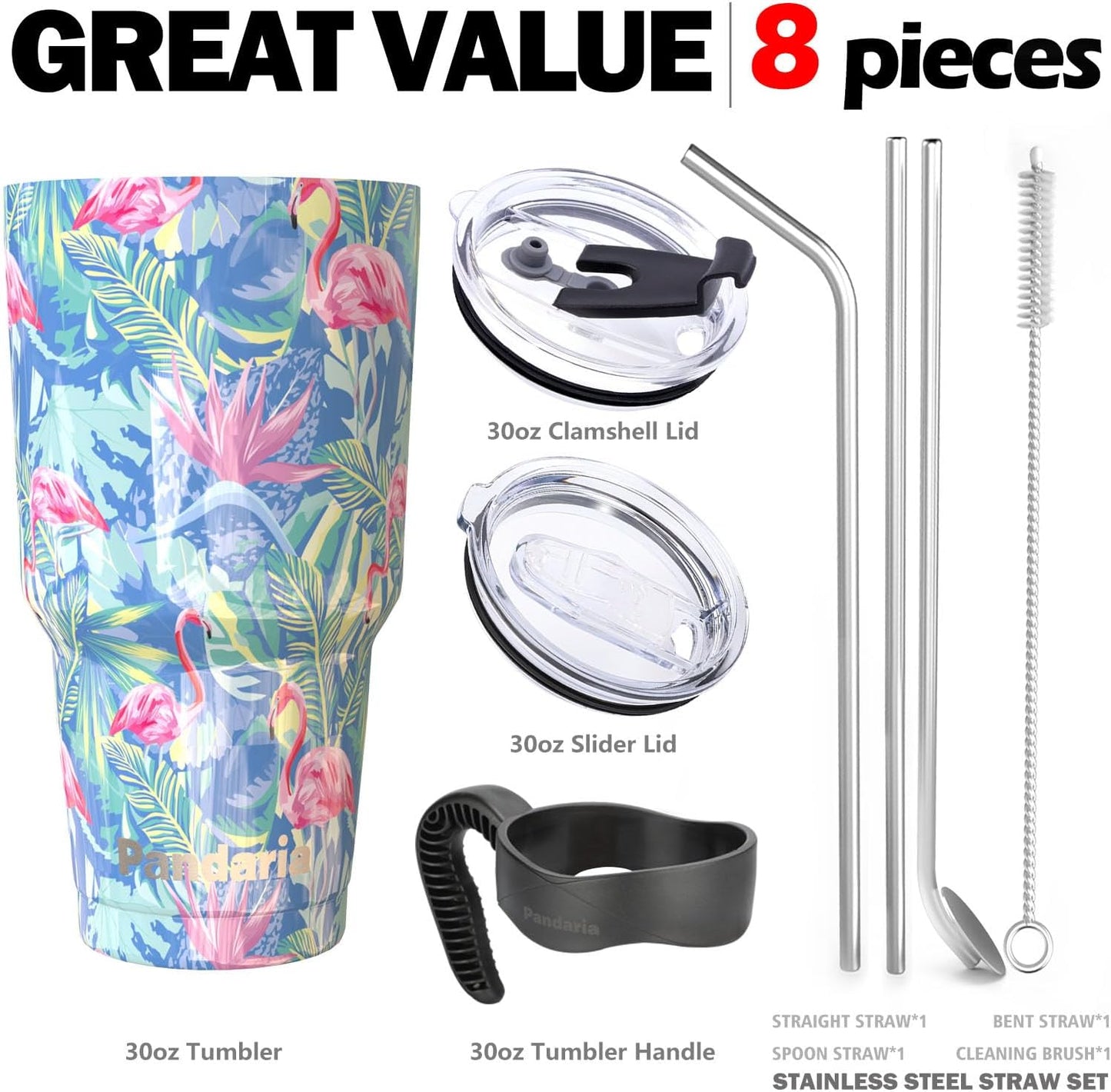 30 oz Spill Proof Tumbler with Handle, 100% Leak-Proof, Cupholder Friendly Insulated Cup with Straw, Double Wall Powder Coated Stainless Steel Tumbler, Ideal Gift for All Occasions (Flamingo)