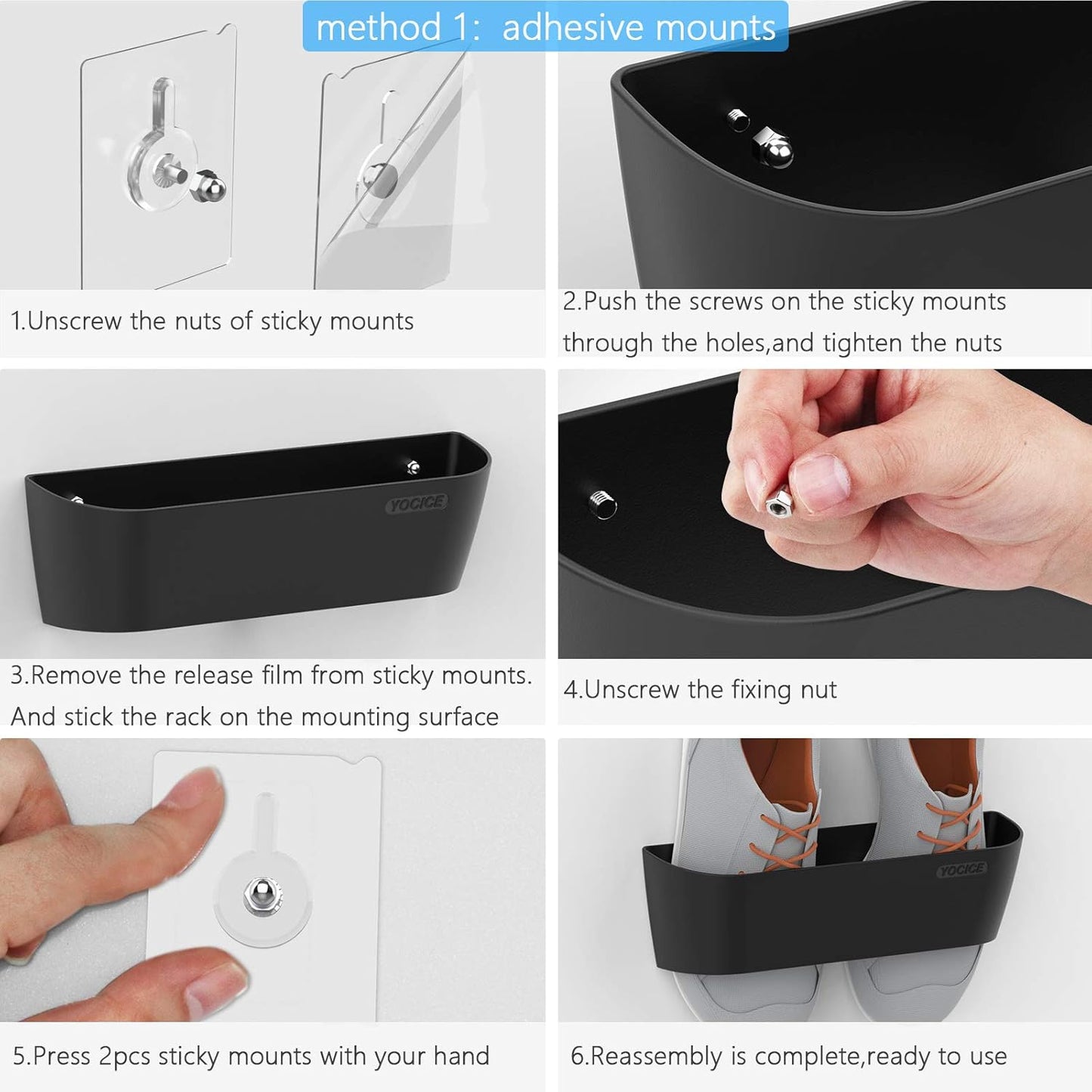 Wall Mounted Shoes Rack 6Pack with Sticky Hanging Strips, Plastic Shoes Holder Storage Organizer,Door Shoe Hangers (SM03-Black-6)