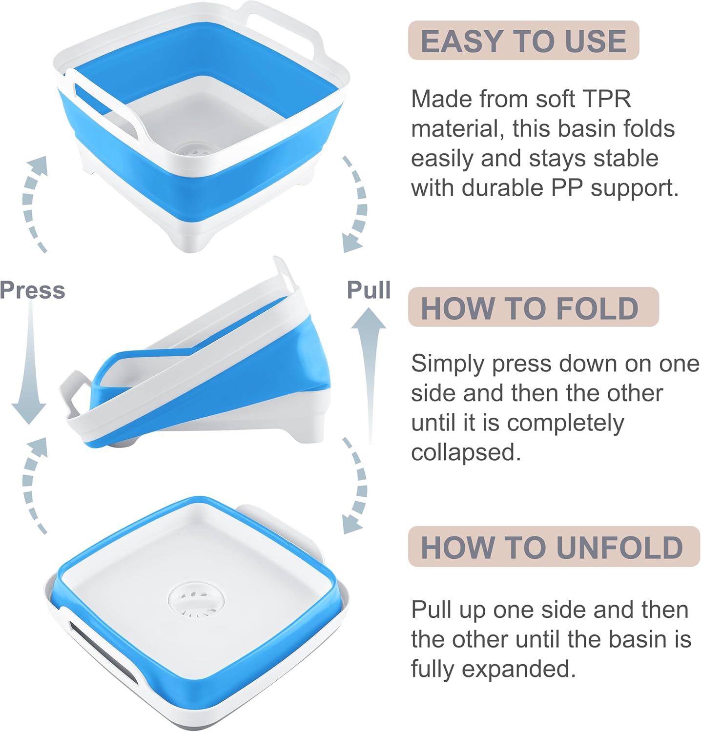 2.4 Gal(9L) Collapsible Dish Basin with Drain Plug - Collapsible Wash Basin for Baby Bottles, Space-Saving Camping Sink for Dishes Washing (Blue)