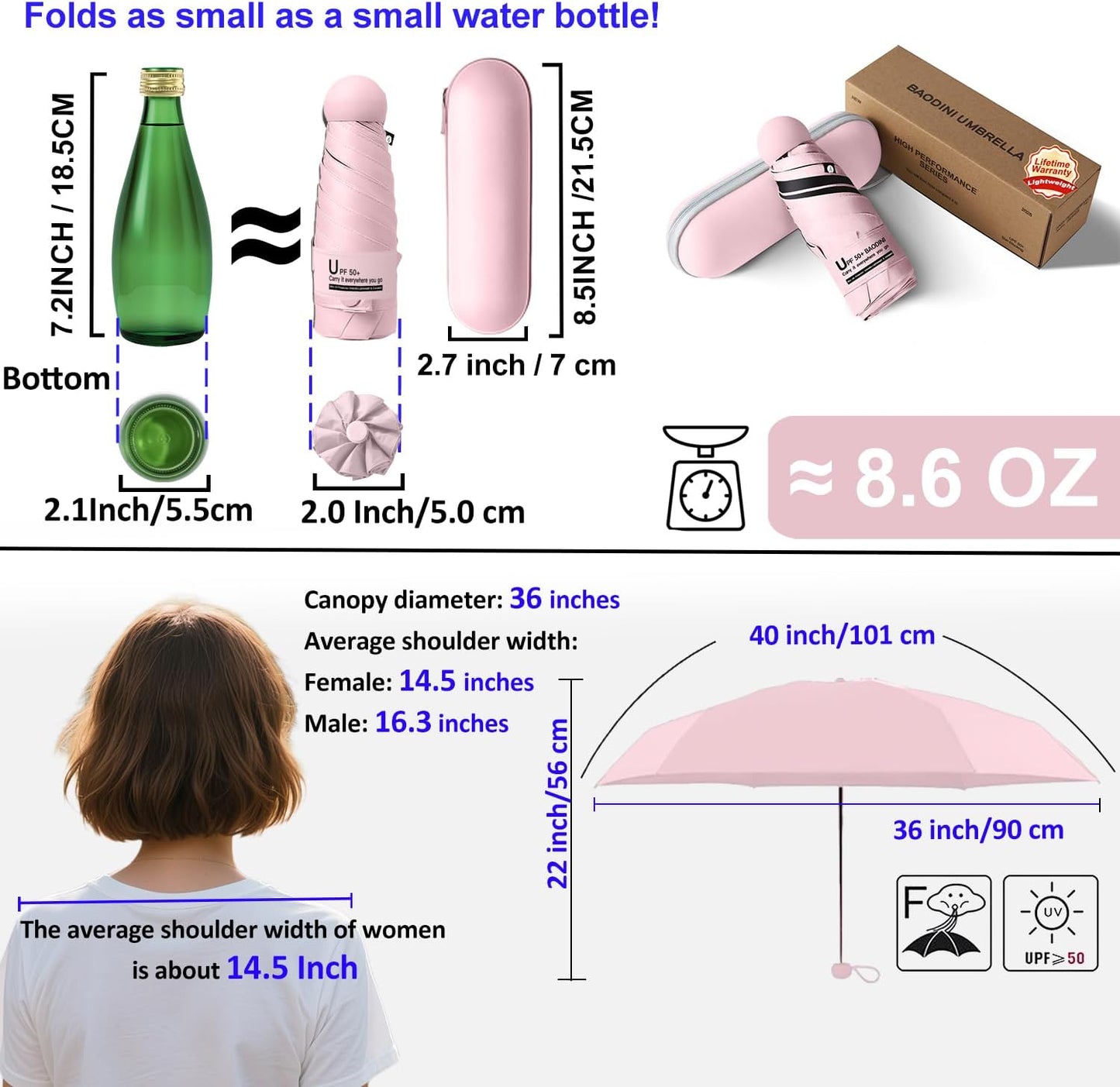 BAODINI Travel Mini Umbrella for Purse With Case Small Compact UV Sun Protection Sun Lightweight Tiny Pocket Umbrella for Women Girls and Men