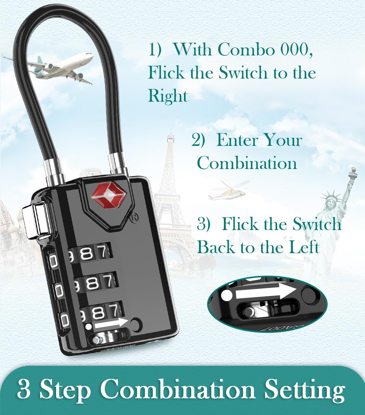 Search Alert TSA Approved Travel Combination Luggage Cable Locks for Suitcase, Gym Locker,Toolbox,Backpack 1,2,4,6 &10 pk (Black 3 Pack)