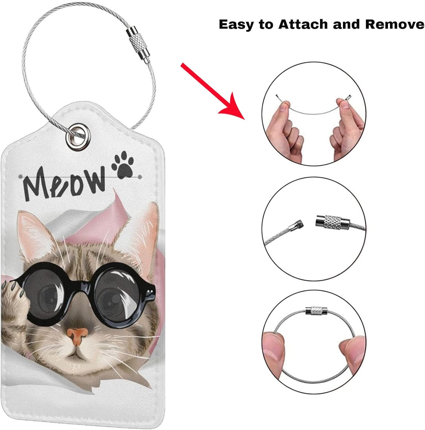 2 Pack Cute Cat Luggage Tags for Kids Girls Women Travel Funny Animal with Sunglasses Print on PU Leather Bag Tags Accessories Privacy Cover ID Label with Stainless Steel Loop for Backpack Suitcase