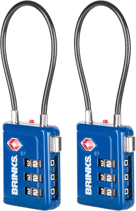 Brinks TSA Accepted Indicator Luggage Lock, Ressetable Combination, New More Secure TSA008 Key, 2 Pack (2, Blue, 2.5" Shackle)