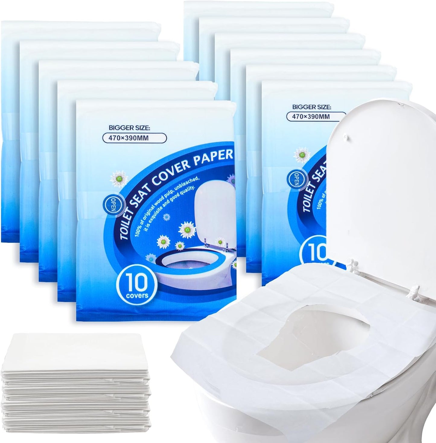 110 Pcs XL disposable flushable toilet seat covers 100% Wood Pulp Cotton for Travel Public Toilets for Adults and Toddlers & Kids | Compact Universal Toilet seat Cover