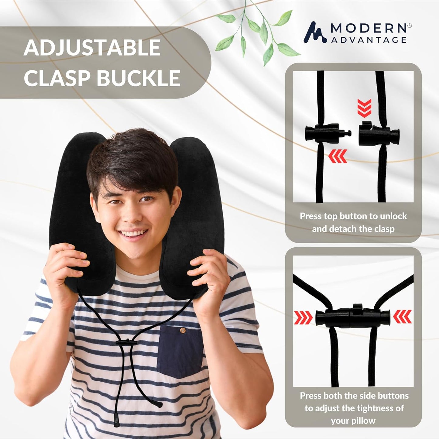 Modern Advantage Inflatable Travel Pillow for Airplanes – Hooded Neck Pillow with Adjustable Support – Comfortable, Compact & Travel-Friendly – Perfect for Sleeping on Long Flights (Black)