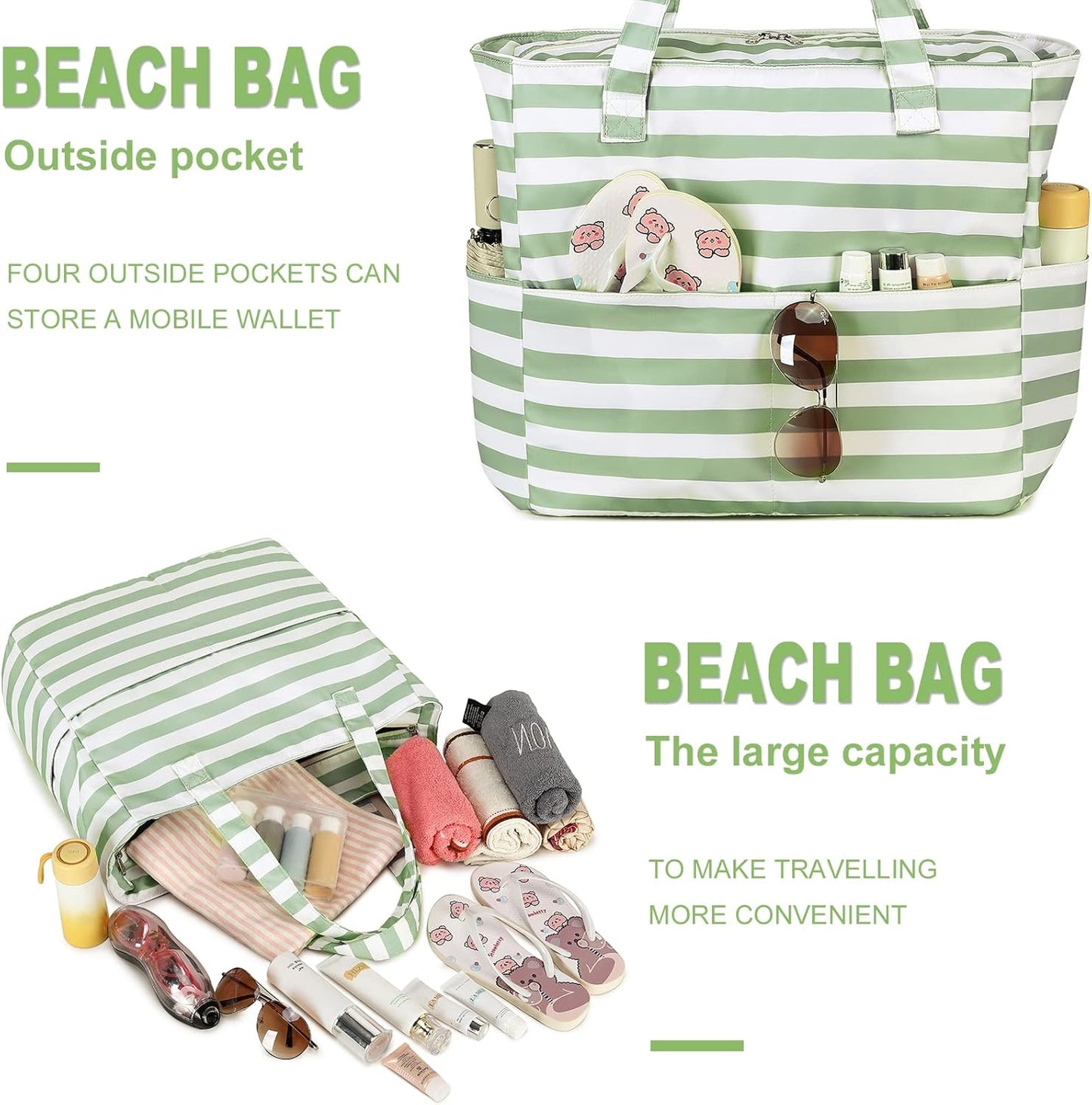 LEDAOU Beach Bag Waterproof Sandproof Women Tote Bag Pool Bag with Zipper for Gym Grocery Travel with Wet Pocket