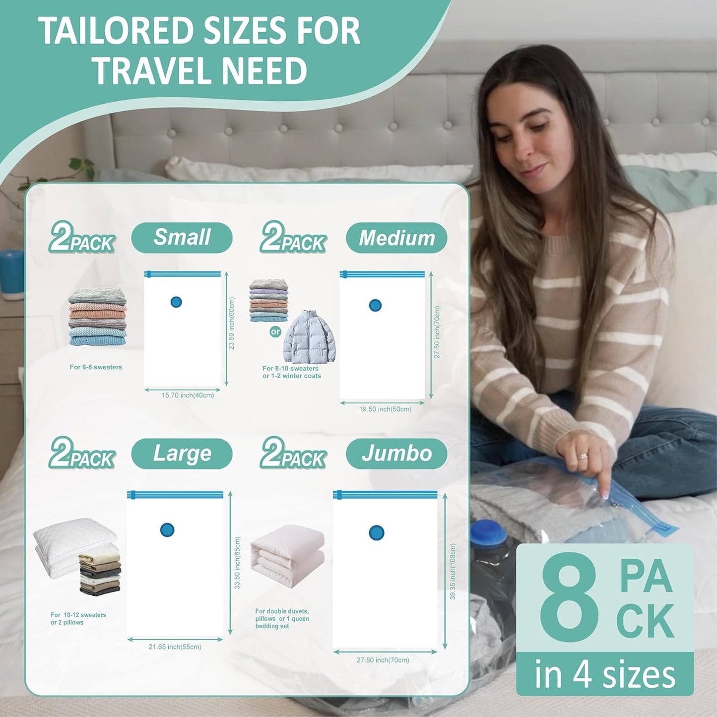 Cozy Essential Travel Vacuum Clothes Bags with Rechargeable Electric Pump for Luggage, Suitcase, Vacuum Seal Compression Space Saver Bags for Clothing, 8 Pack