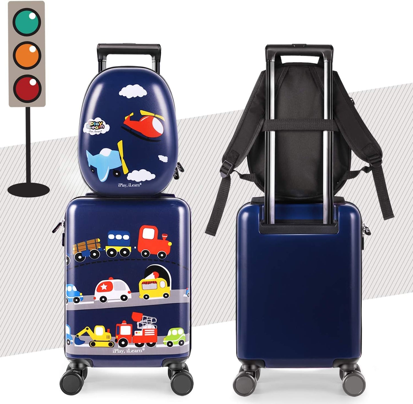 iPlay, iLearn Airplane Kids Luggage, Boys Carry On Suitcase, 18" Hardside Travel Luggage Set W/Backpack, Toddler Rolling Luggage W/ 4 Spinner Wheels, Children Holiday Birthday Gift