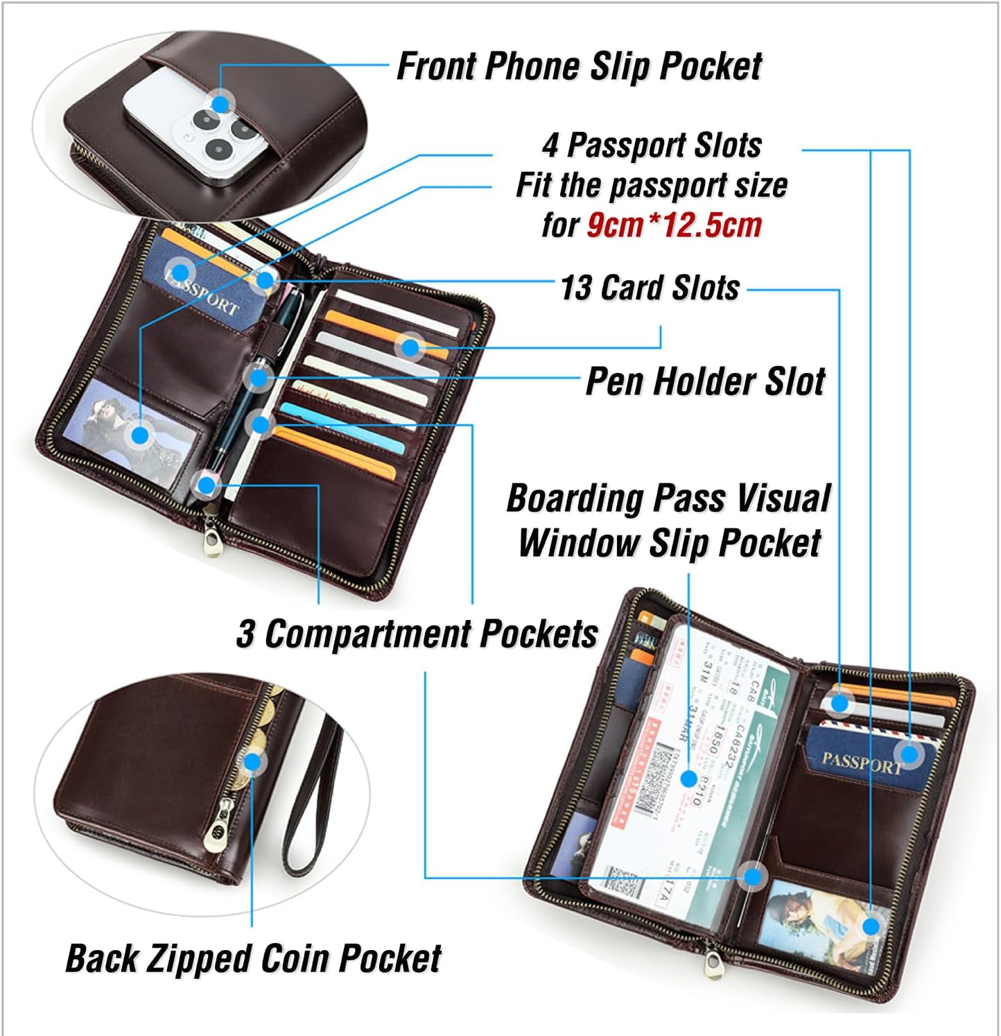 Top Grain Leather Travel Passport Wallet Holder for Man & Woman, Handmade with Three-Layer for 4 Passports & Multi Cards, RFID Blocking Large Capacity for Cards/Passports/Tickets, Blue