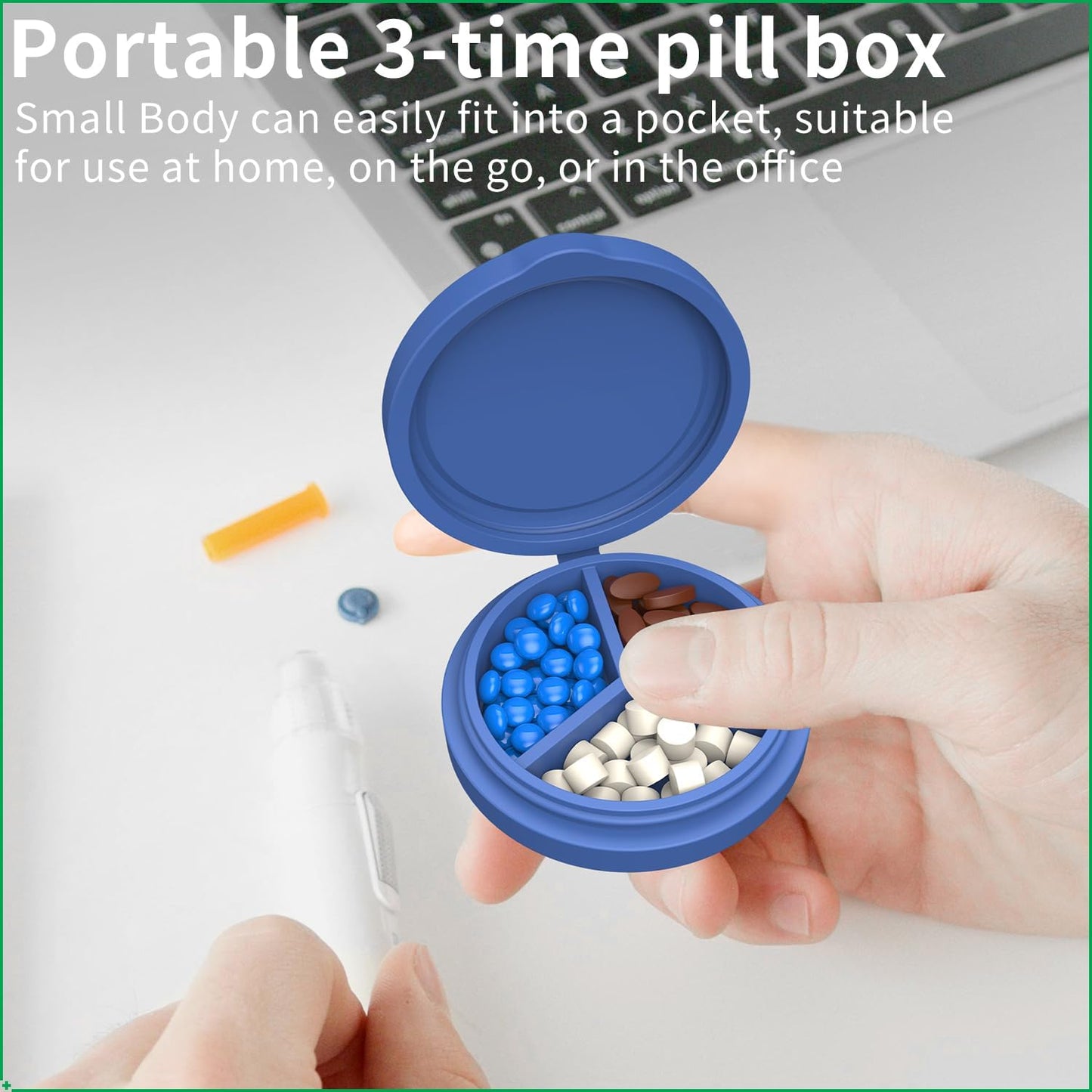 2 Pack Small Pill Box,3 Compartment Round Silicone Travel Pill Box for Purse Pocket, Waterproof Portable Compact Medicine Holder for Vitamin, Cod Liver Oil, Supplement(Purple+Blue)