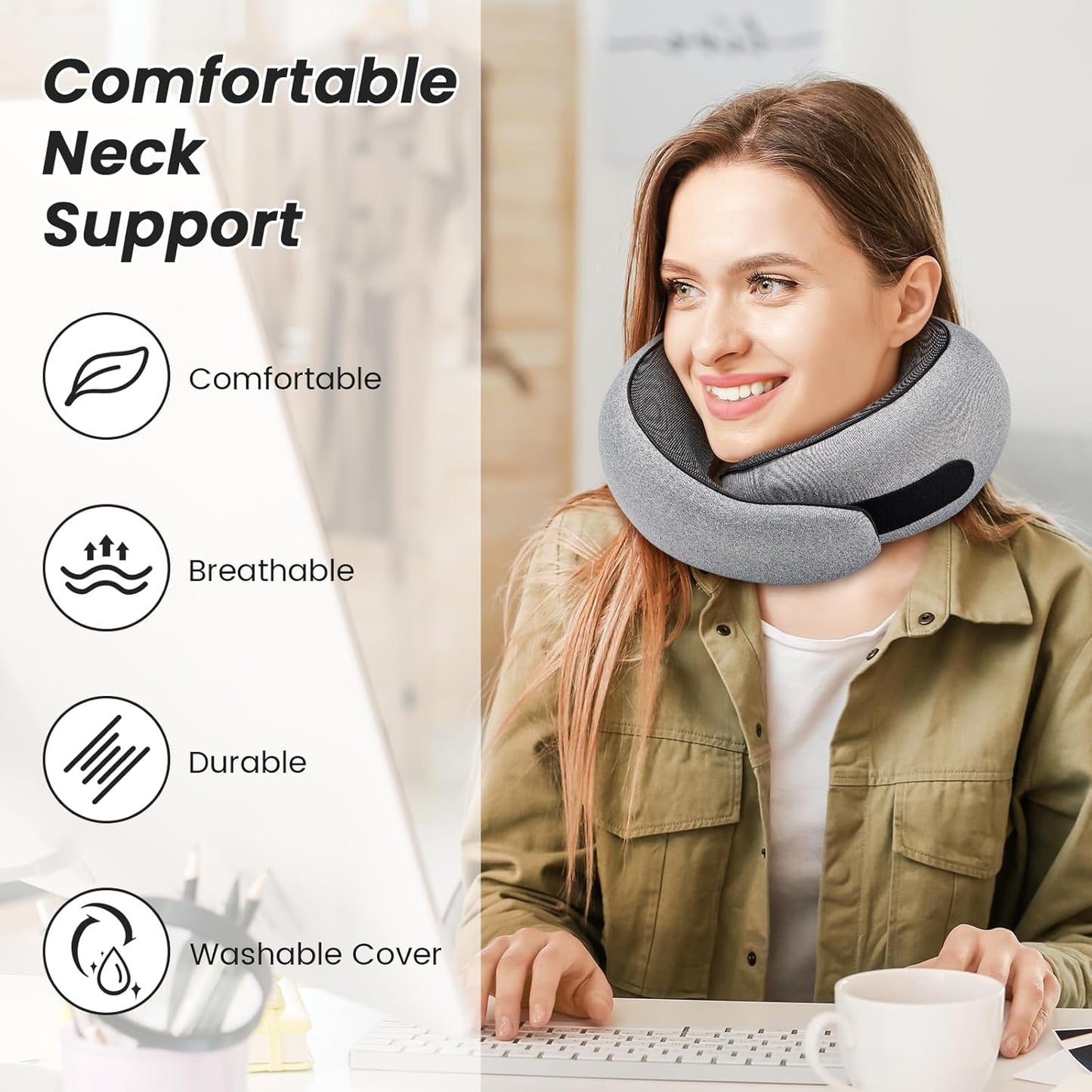 Travel Neck Pillows, 100% Memory Foam Filling, Travel Pillows for Airplanes, Compact and Ergonomic Design, Best for Sleeping Plane Train Travel Essentials (Light Grey)