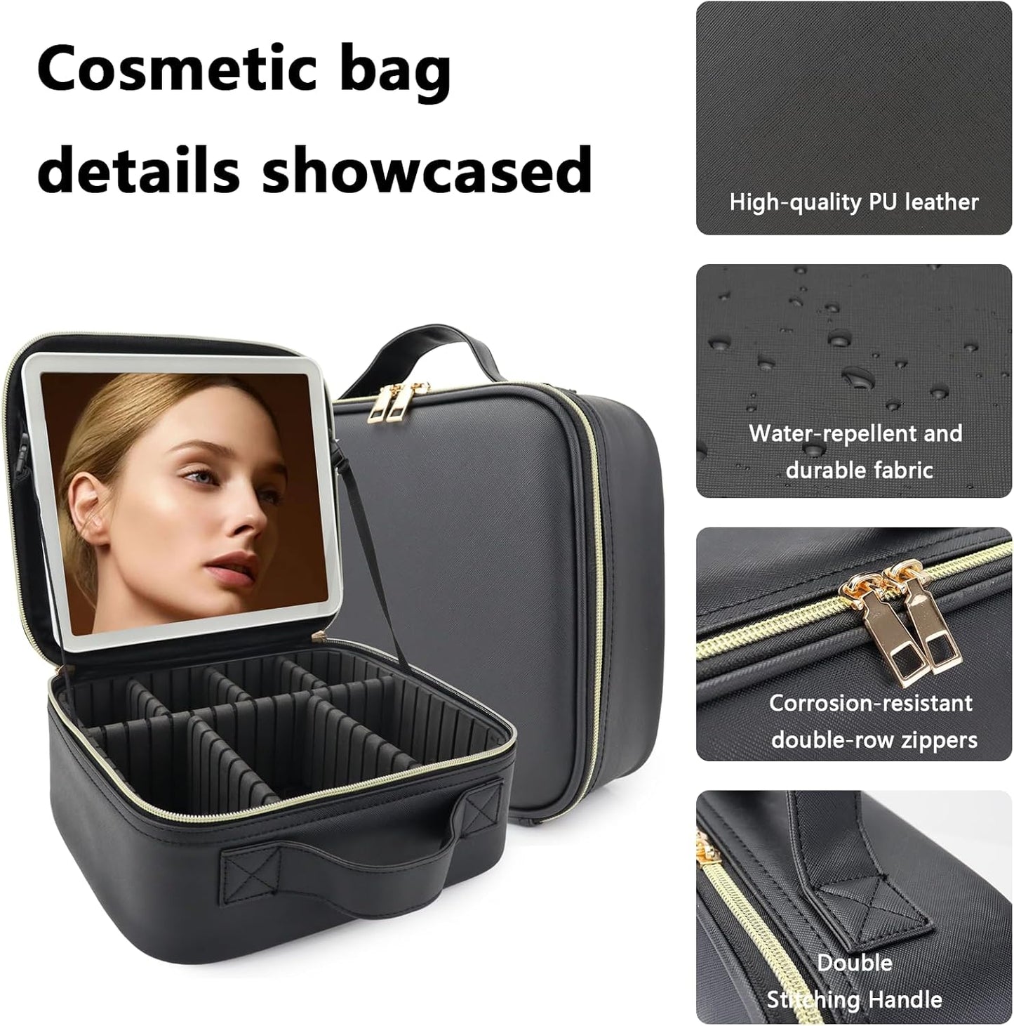 Travel Makeup Bag for Makeup Artists Large Makeup Case,with Mirror 3 Color Setting and Jewelry box Travel Makeup Bag,Portable Storage and Adjustable Dividers（black）