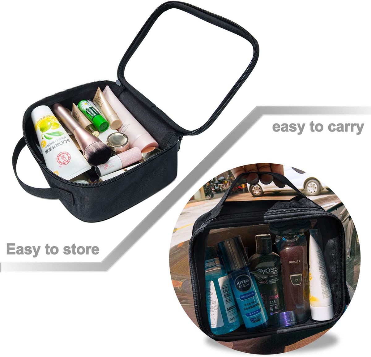 ANRUI TSA Approved Toiletry Bag With Handle Strap, Clear Travel Liquids Toiletries & Cosmetics Organizer Carry-On Luggage for Women and Men Black 3 Pack (Same Size)