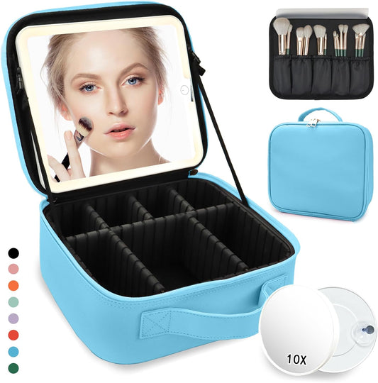 Travel Makeup Bag for Makeup Artists Large Makeup Case,with Mirror 3 Color Setting and Detachable 10x Magnifying Mirror Travel Makeup Bag,Portable Storage and Adjustable Dividers（blue）