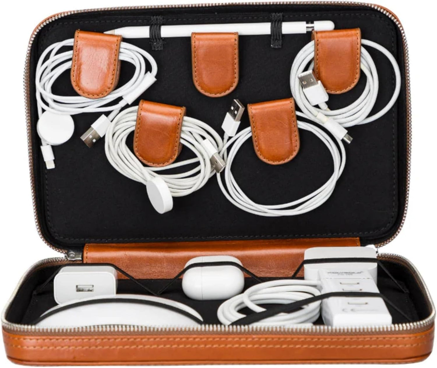 Medicine Handmade Leather Cable Organizer Bag – Full-Grain Leather Travel Tech Case for Cords, Chargers & Accessories – Zippered Storage for Men & Women (Tan)