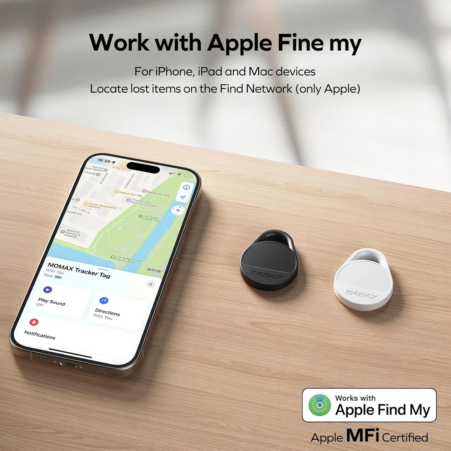 Momax Key Finder Tracker Tag - [Apple MFi Certified] Smart Bluetooth Tracking Device with Find My (iOS Only), Replaceable Battery, DIY Stickers, for Wallets, Luggage, Suitcases, Backpacks, 2 Pack