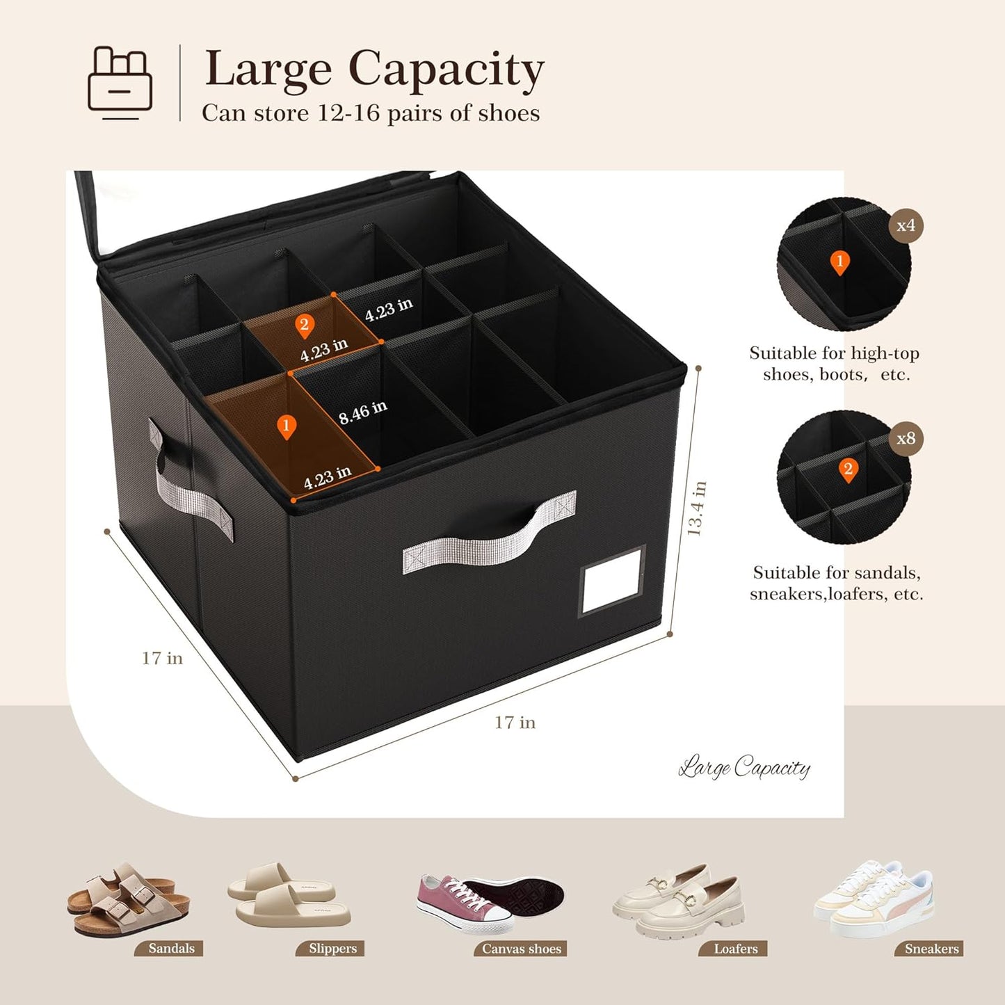 Criusia Shoe Organizer for Closet, Foldable Shoe Storage Organizer with Clear Cover and Sturdy Handles, Fit 12-16 Pairs, Closet Organizer for Shoes Sneakers Sandals Heels, 2 Pack, Black