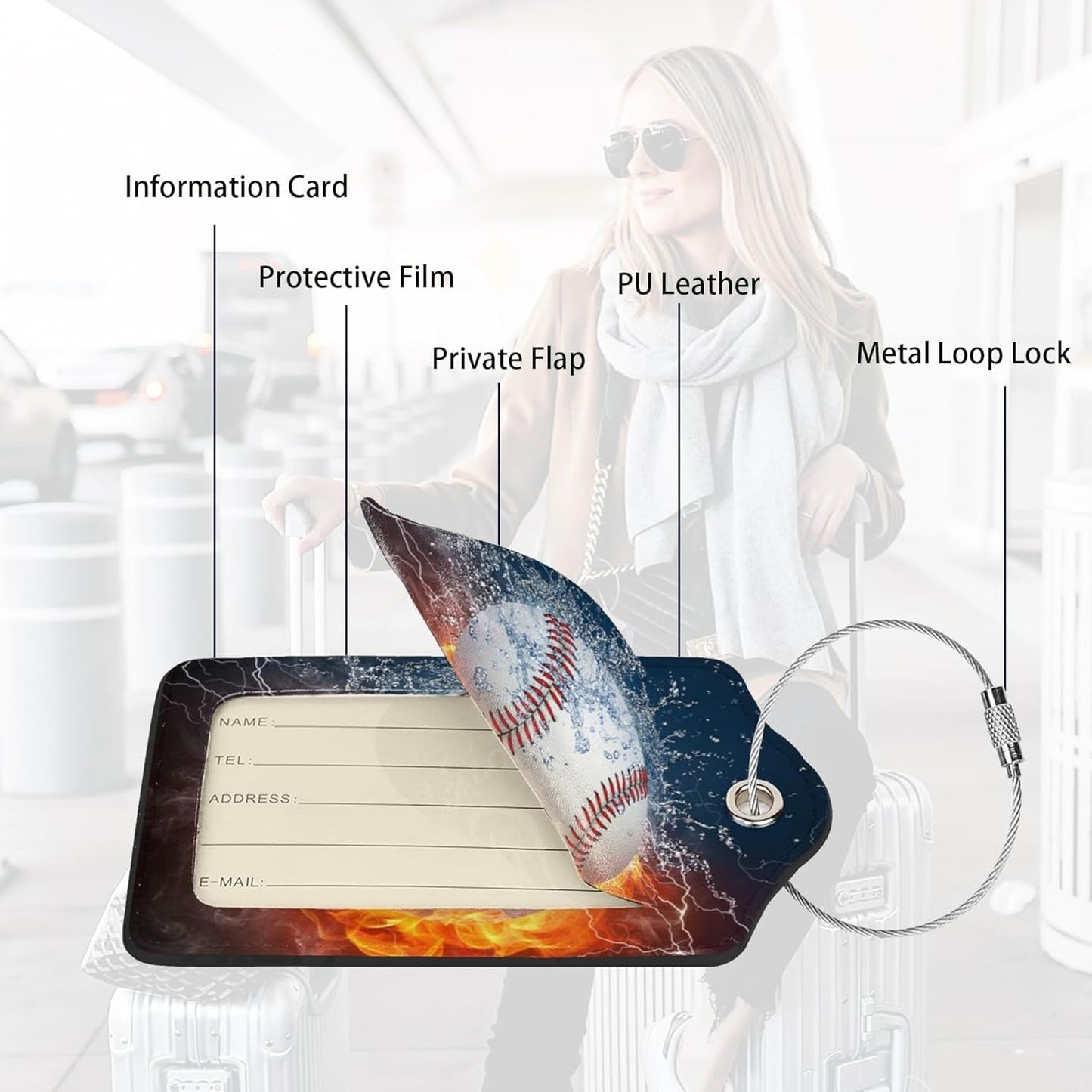 2 Pack Luggage Tags for suitcases Cute Baseball Luggage Tag, Leather Stainless Steel Loop Label Tag for Men Women Travel Bag Suitcase(Baseball)