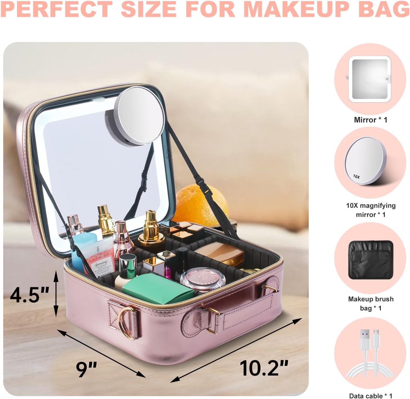 Mocado Travel Makeup Bag with LED Lighted Mirror, Travel Makeup Organizer, Makeup Case with 3 Color Lighted Setting and 10x Magnifying Mirror, Portable Storage and Adjustable Dividers (Champagne)