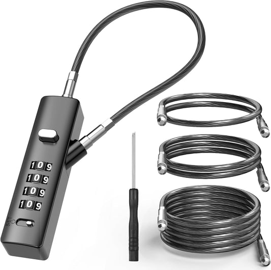 4-Digit Combination Cable Luggage Lock with 3 Interchangeable Steel Cables (9"/24"/47") – for Bike, Backpack, Gym, Cabinet, Gate (Gray, 1 Pack)