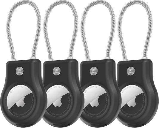 Air tag Holder,(4 Pack) Air tag Keychain with Secure Lock,Air Tags Case with Wire Cable for Apple Airtag,Anti-Lost Protective Case with Keyring for Luggage, Key, Pet, Bag, Black