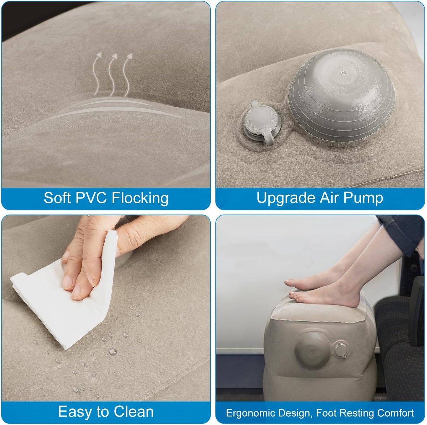 Inflatable Travel Foot Rest Pillow, 2 Pack Airplane Foot Rest Pillows, Portable Inflatable Leg Rest Pillow Flights Seat Extender with Storage Bag for Plane, Car, Train (2Pack Grey)