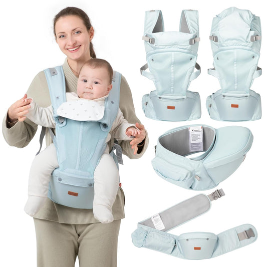 BabbleRoo Grow Carrier – 6-in-1 Baby Carrier with Hip Seat, Ergonomic, Cozy & Adjustable Toddler Carrier 7-50 lbs with Hip & Lumbar Support, Hood for Sun Protection, Newborn to Toddler, Seafoam