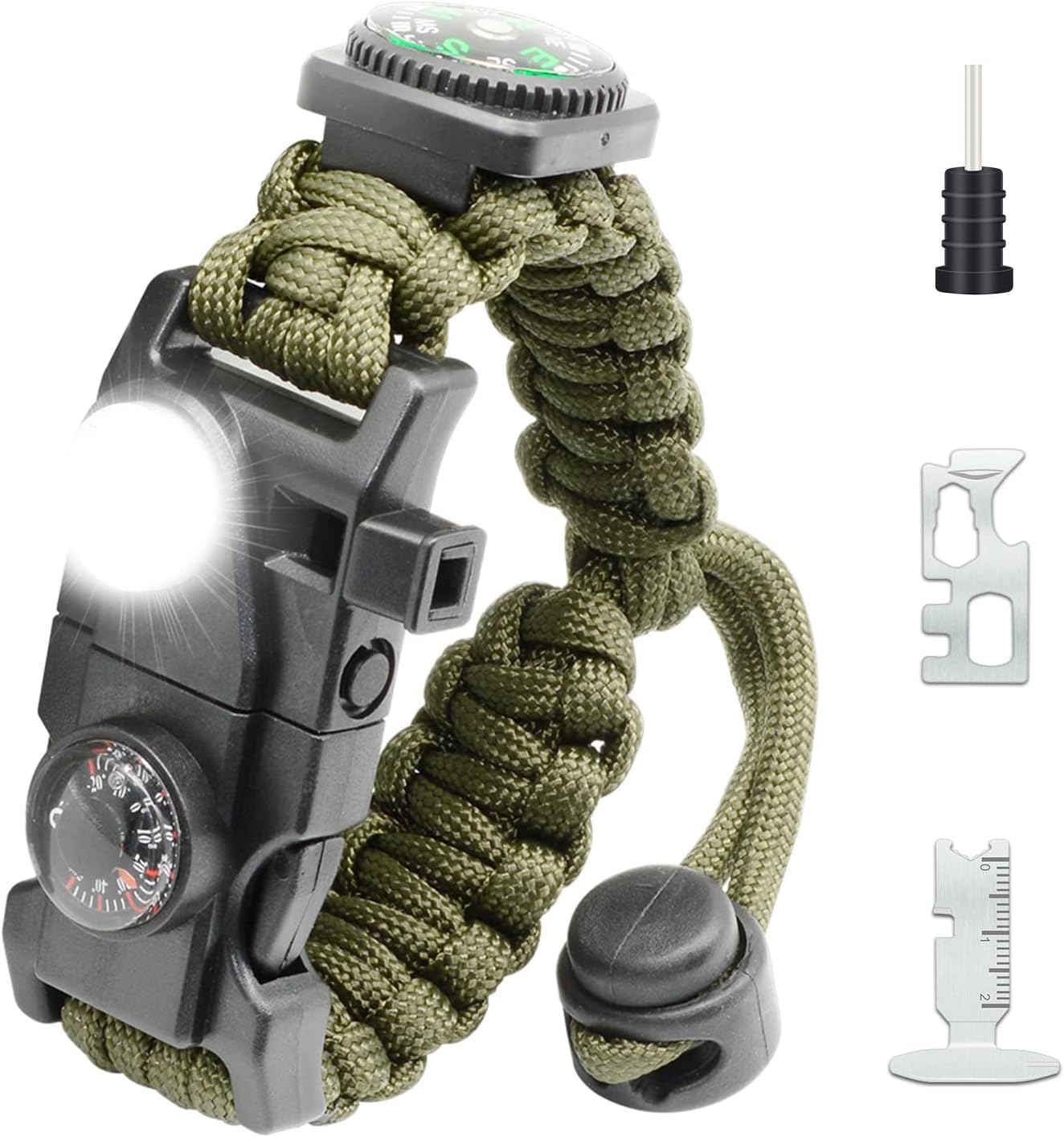 20 in 1 Survival Paracord Bracelet Adjustable Gear Kit with SOS LED Light, Fire Starter, Bigger Compass, Survival Whistle, Perfect for Camping, Hiking, Fishing
