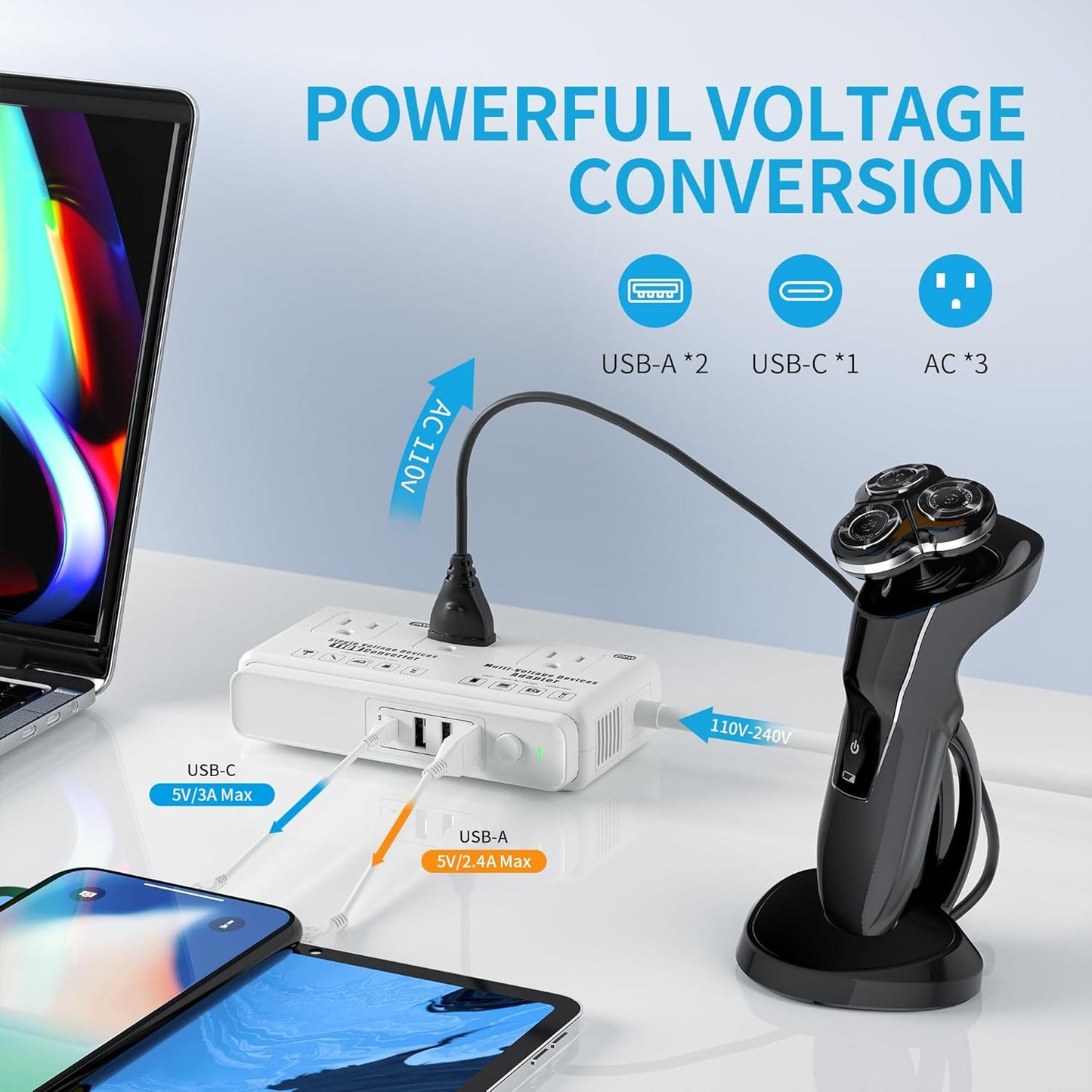 220v to 110v Voltage Converter Adapter: International US to Europe Travel Power Strip Plug Transformer - 2000W Electric Hair Dryer Step Down Outlet Converters for US European UK EU Italy